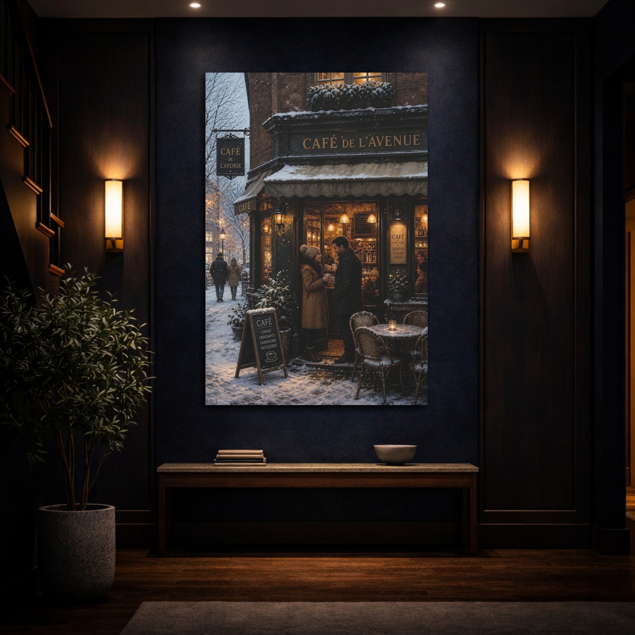 Mockup 4. Vintage Winter Cafe Winter Cityscape shown as stretched canvas wall art