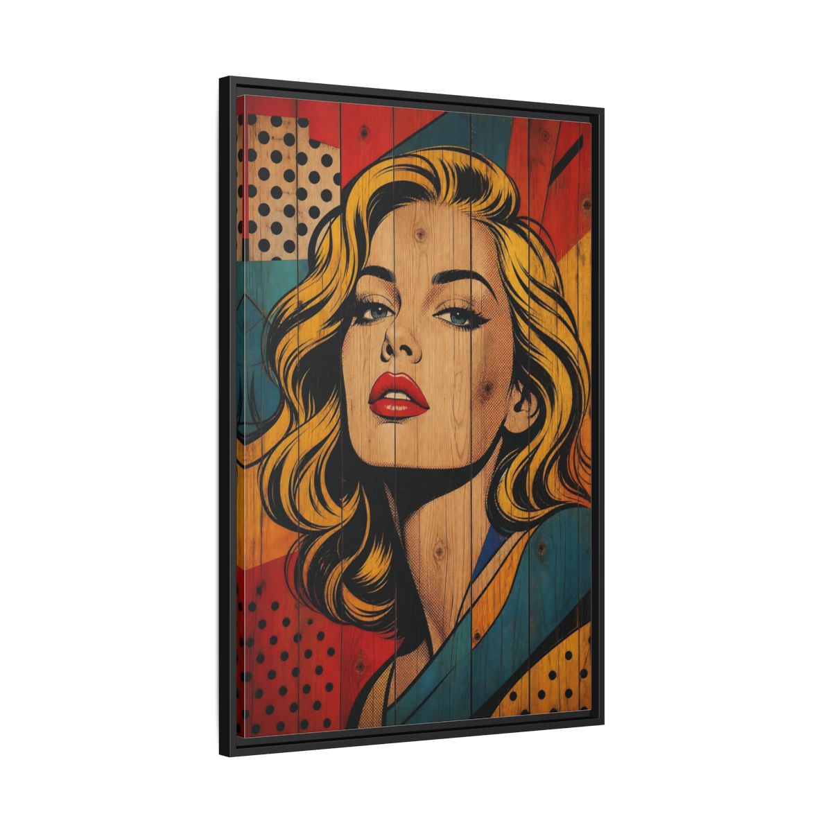 Side Mockup 13. Vintage Woman Pop Art Woman shown as stretched canvas wall art