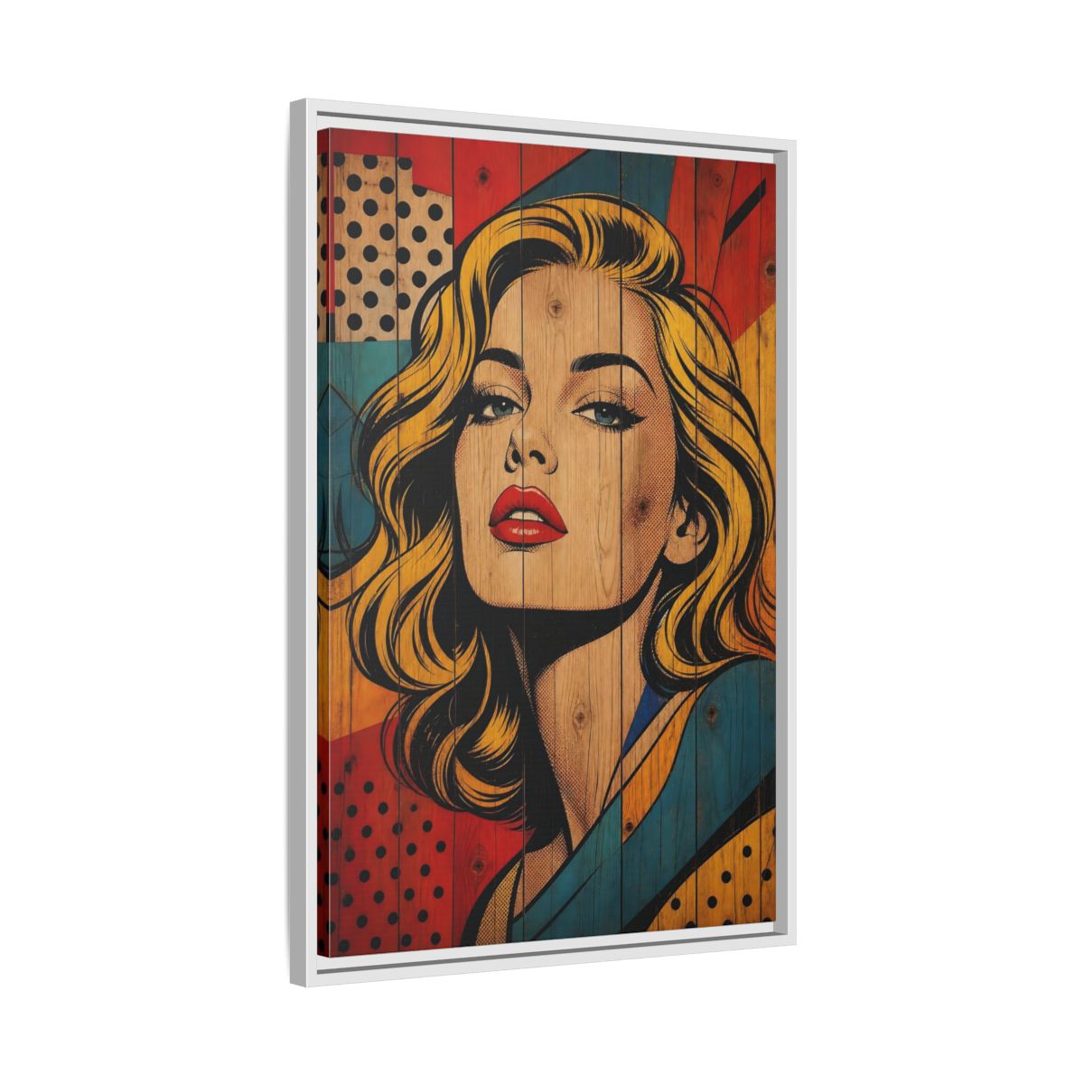 Side Mockup 10. Vintage Woman Pop Art Woman shown as stretched canvas wall art