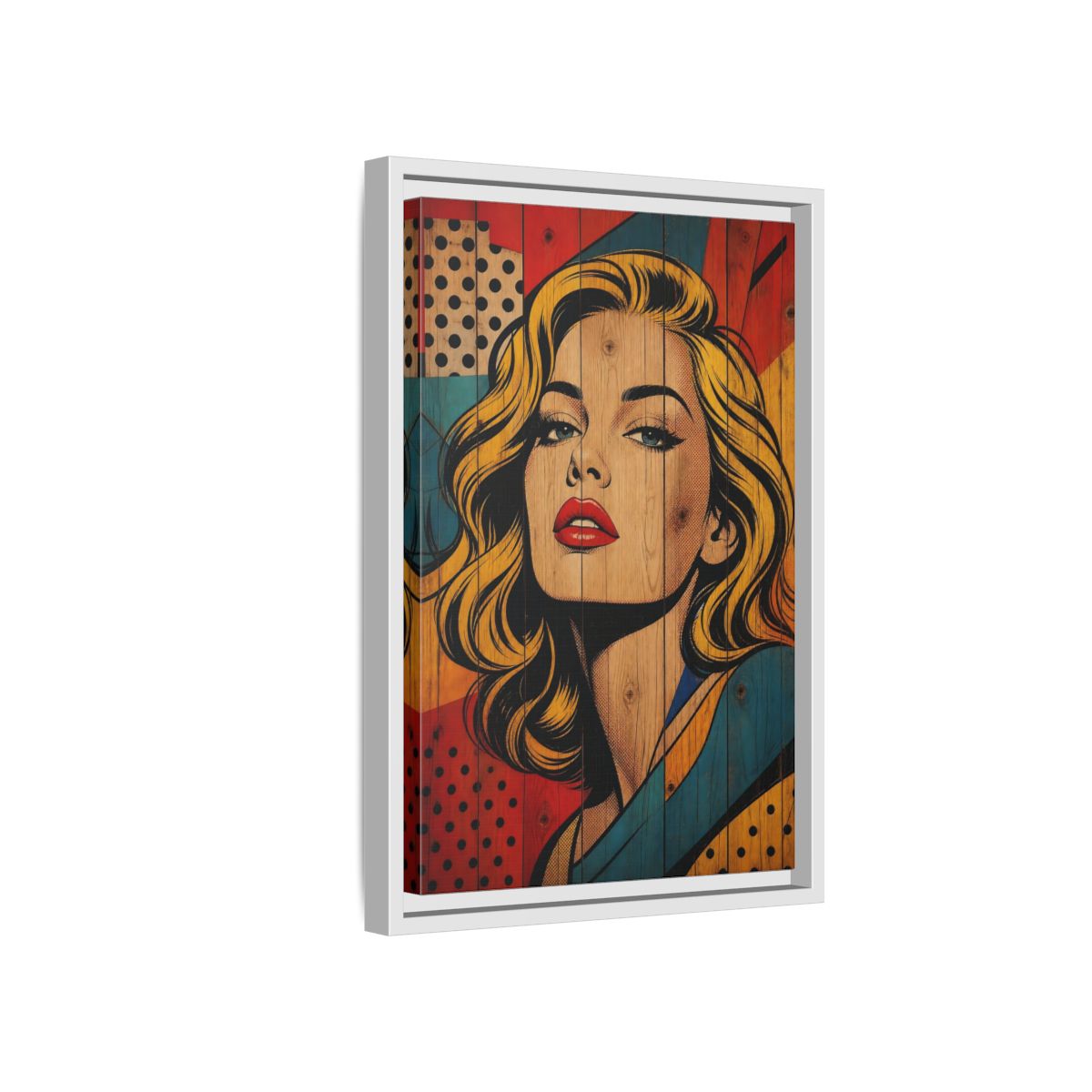 Side Mockup 4. Vintage Woman Pop Art Woman shown as stretched canvas wall art