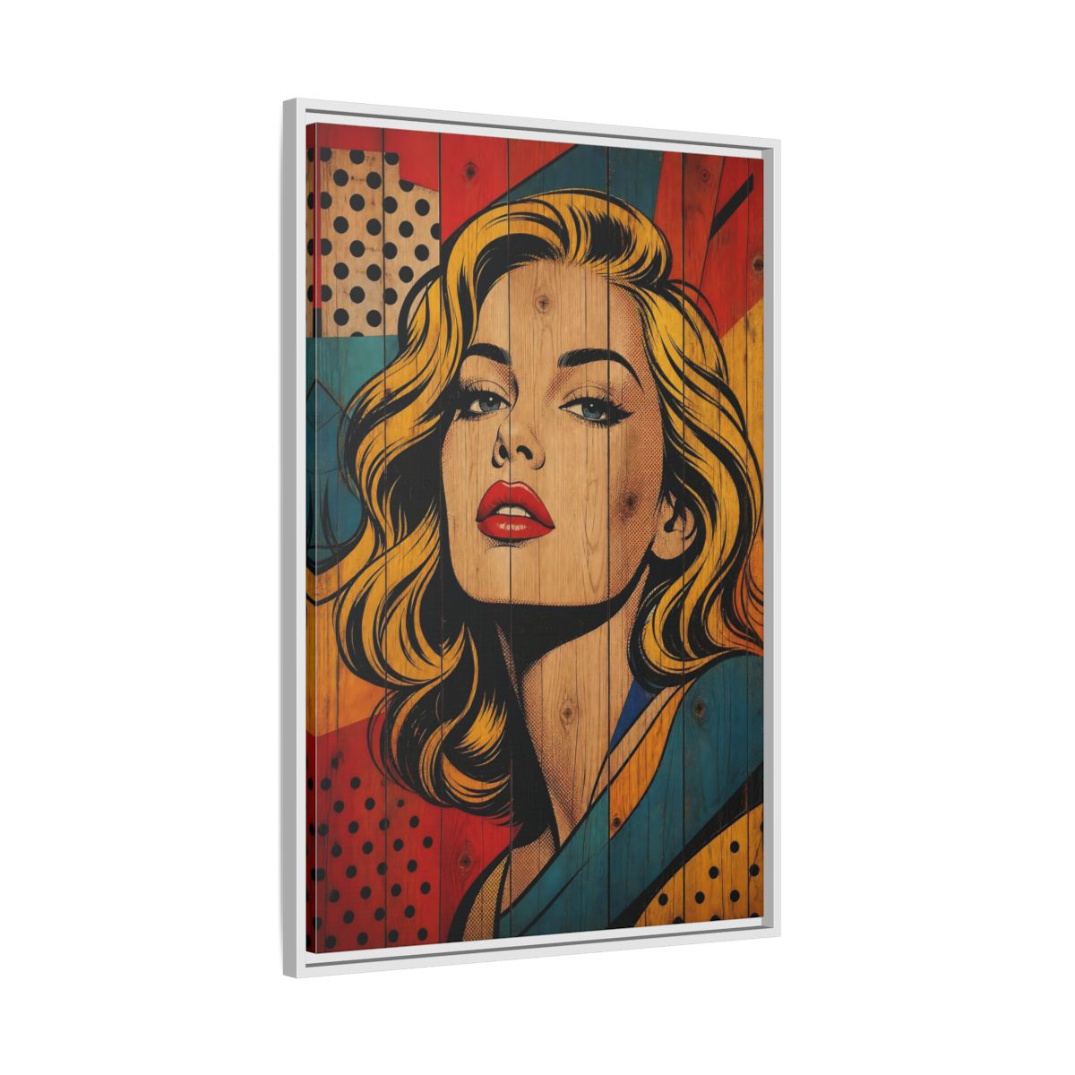 Side Mockup 9. Vintage Woman Pop Art Woman shown as stretched canvas wall art
