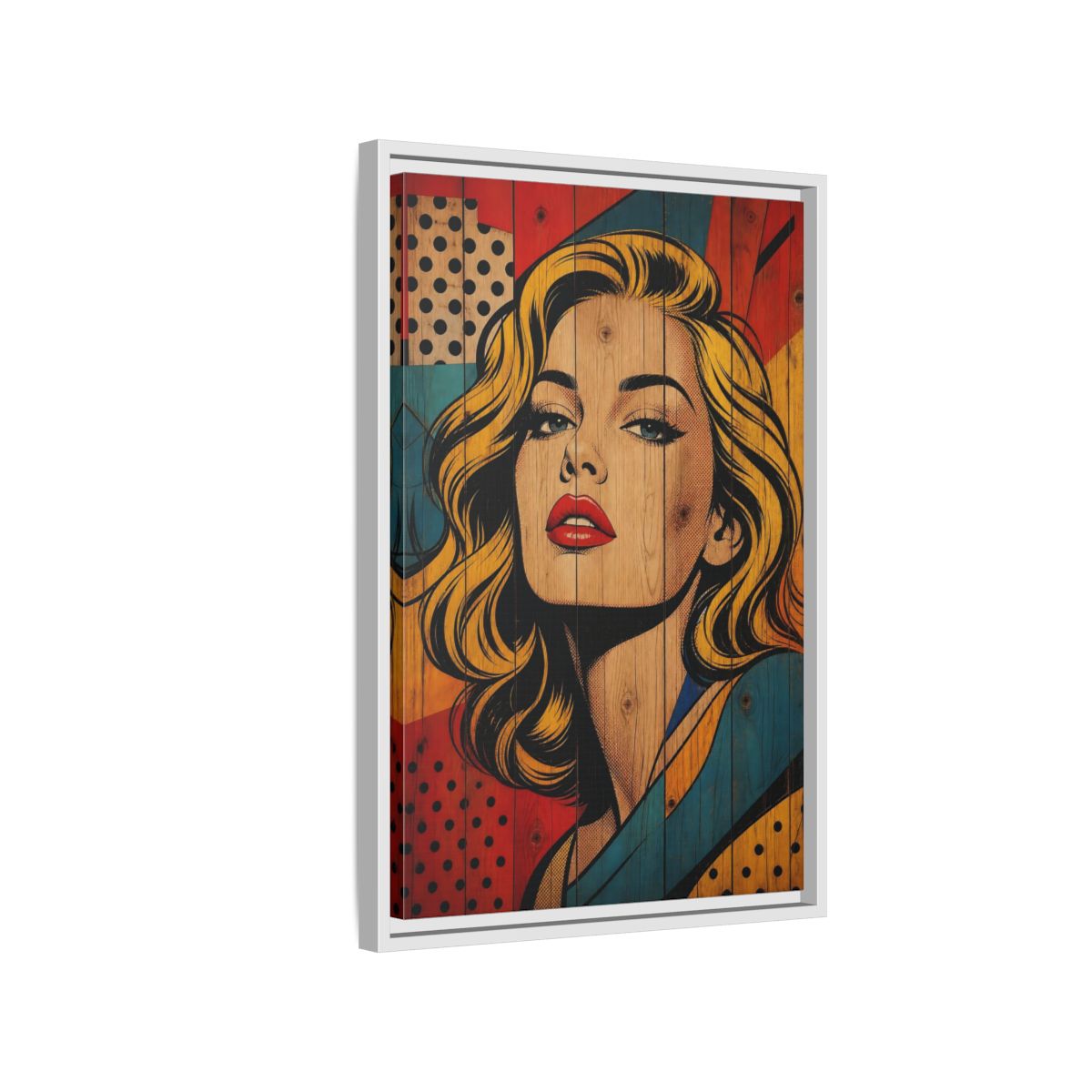 Side Mockup 1. Vintage Woman Pop Art Woman shown as stretched canvas wall art