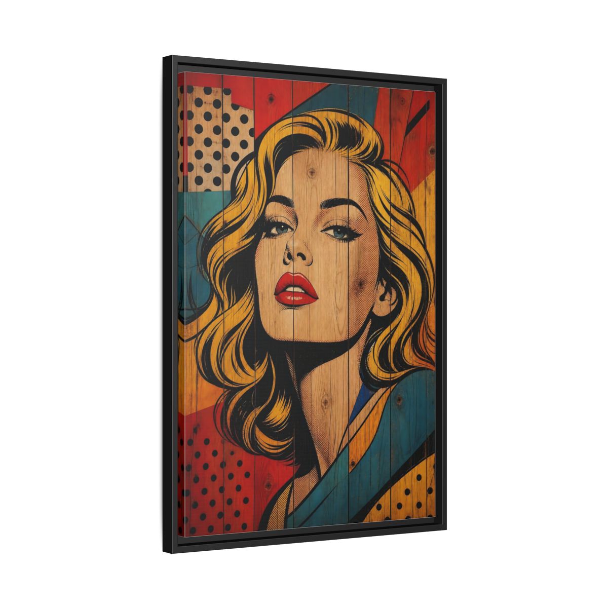 Side Mockup 14. Vintage Woman Pop Art Woman shown as stretched canvas wall art