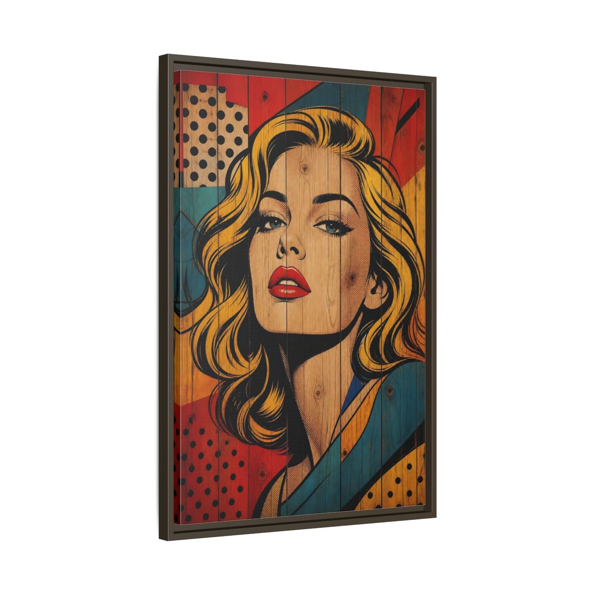 Side Mockup 11. Vintage Woman Pop Art Woman shown as stretched canvas wall art