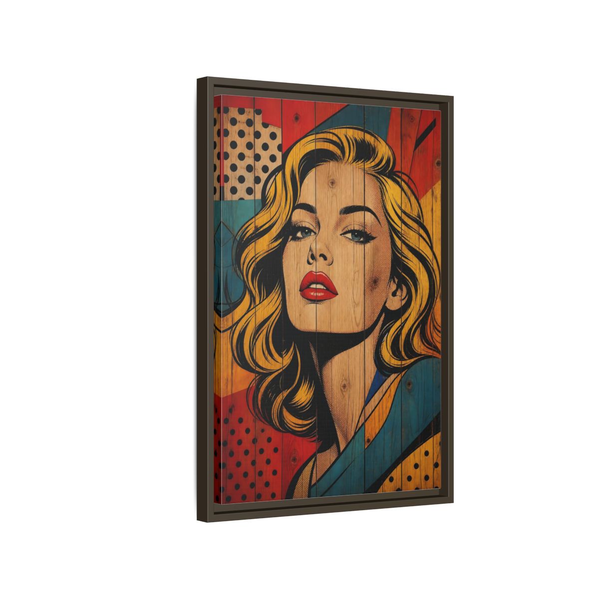 Side Mockup 2. Vintage Woman Pop Art Woman shown as stretched canvas wall art