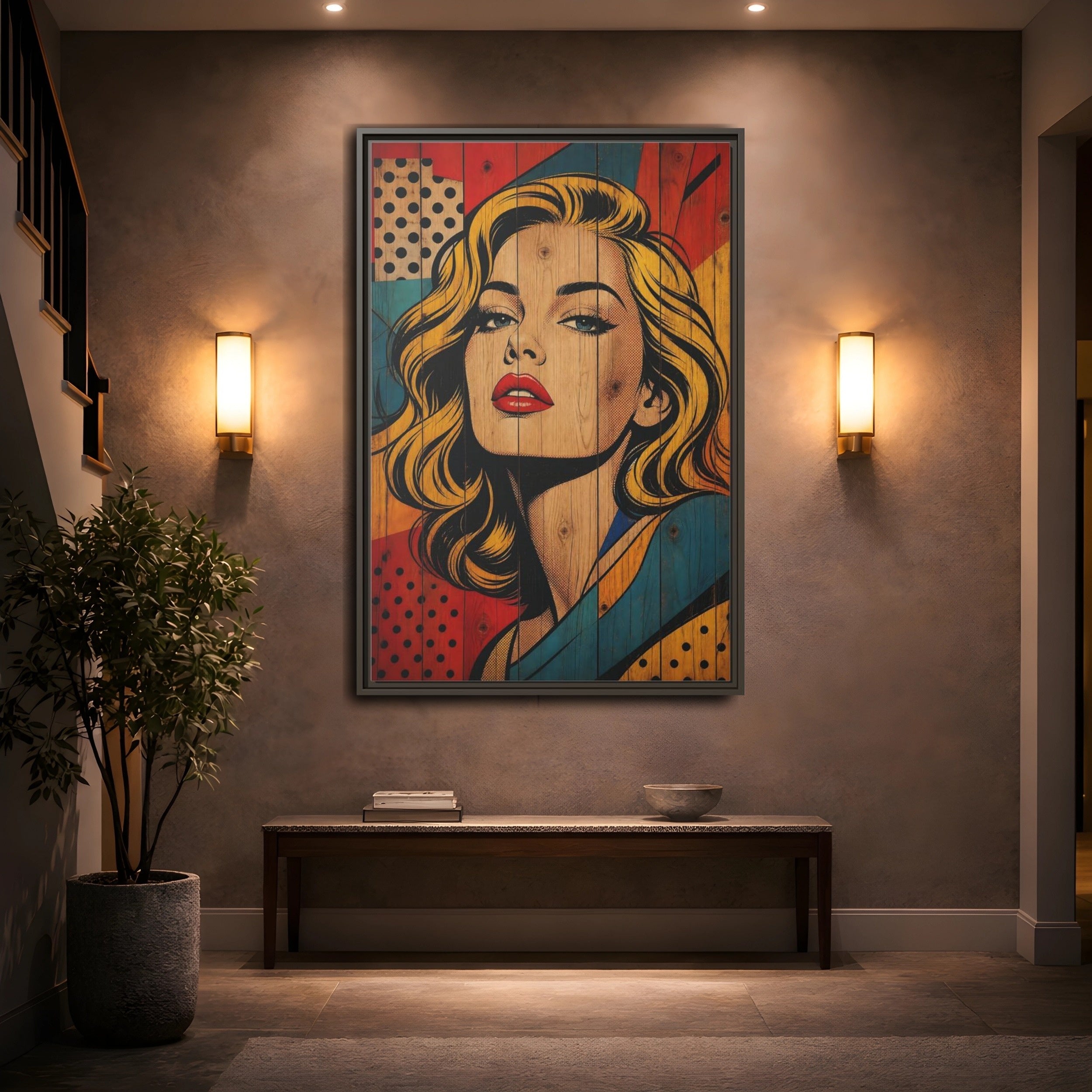 Mockup 2. Vintage Woman Pop Art Woman shown as stretched canvas wall art