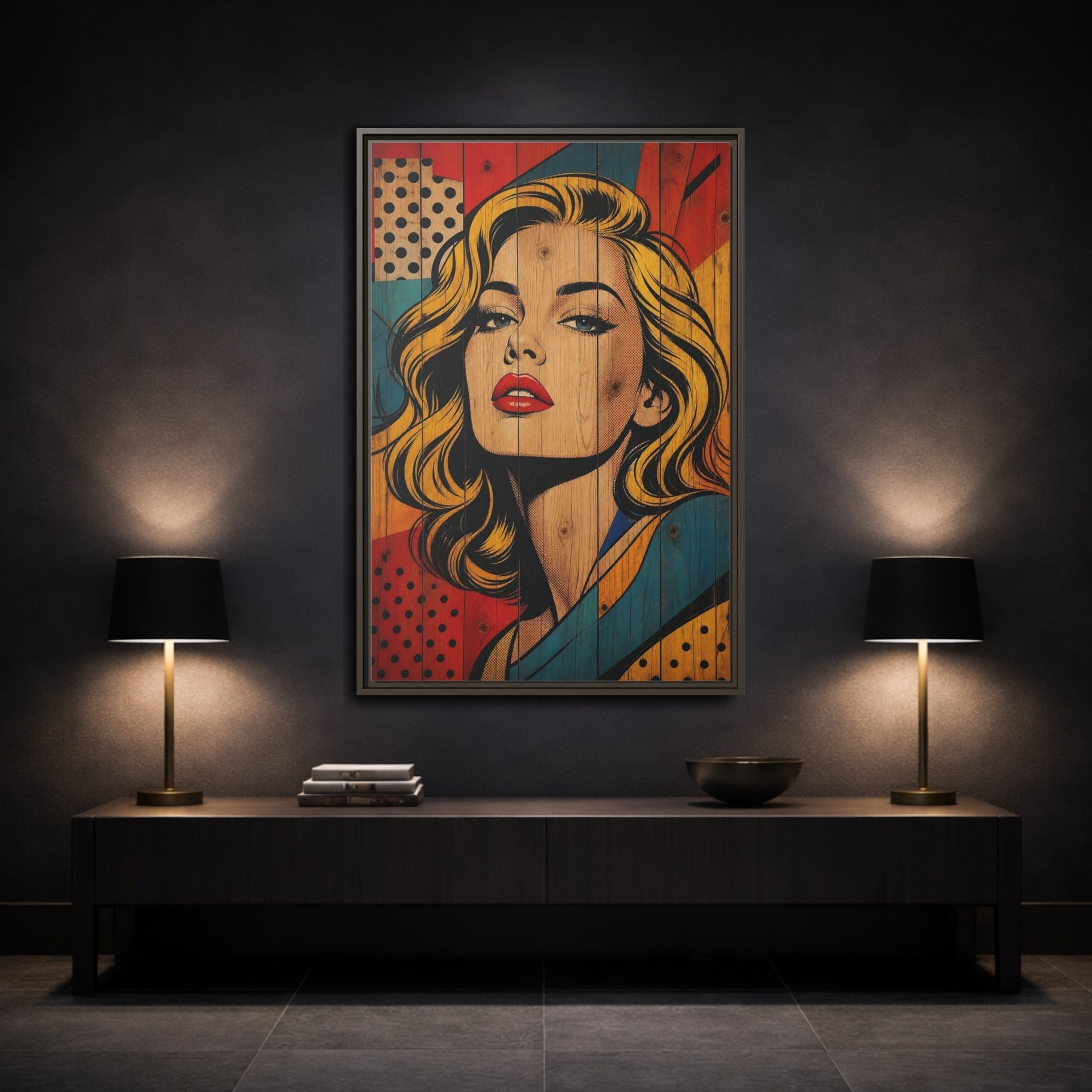 Mockup 3. Vintage Woman Pop Art Woman shown as stretched canvas wall art