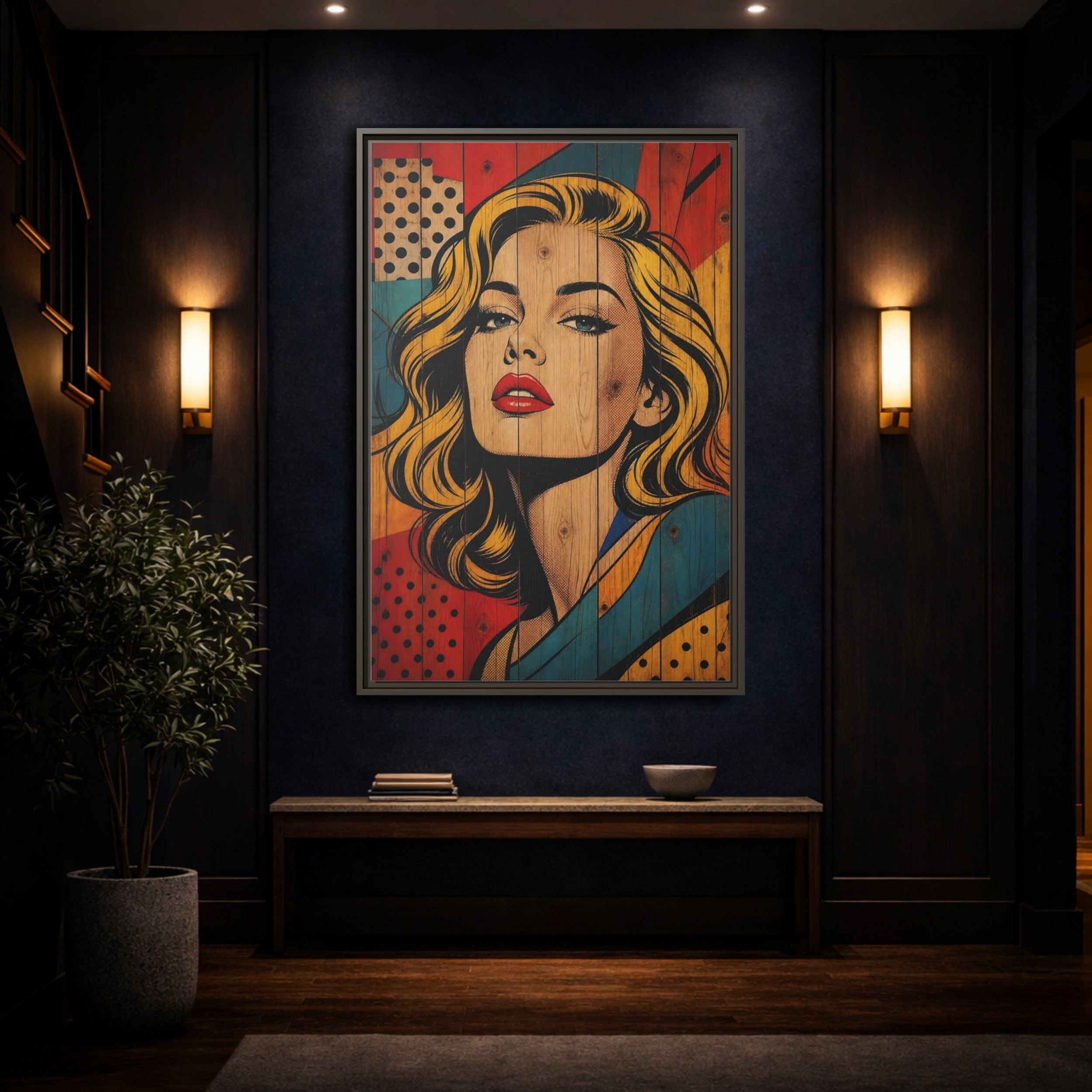 Mockup 4. Vintage Woman Pop Art Woman shown as stretched canvas wall art