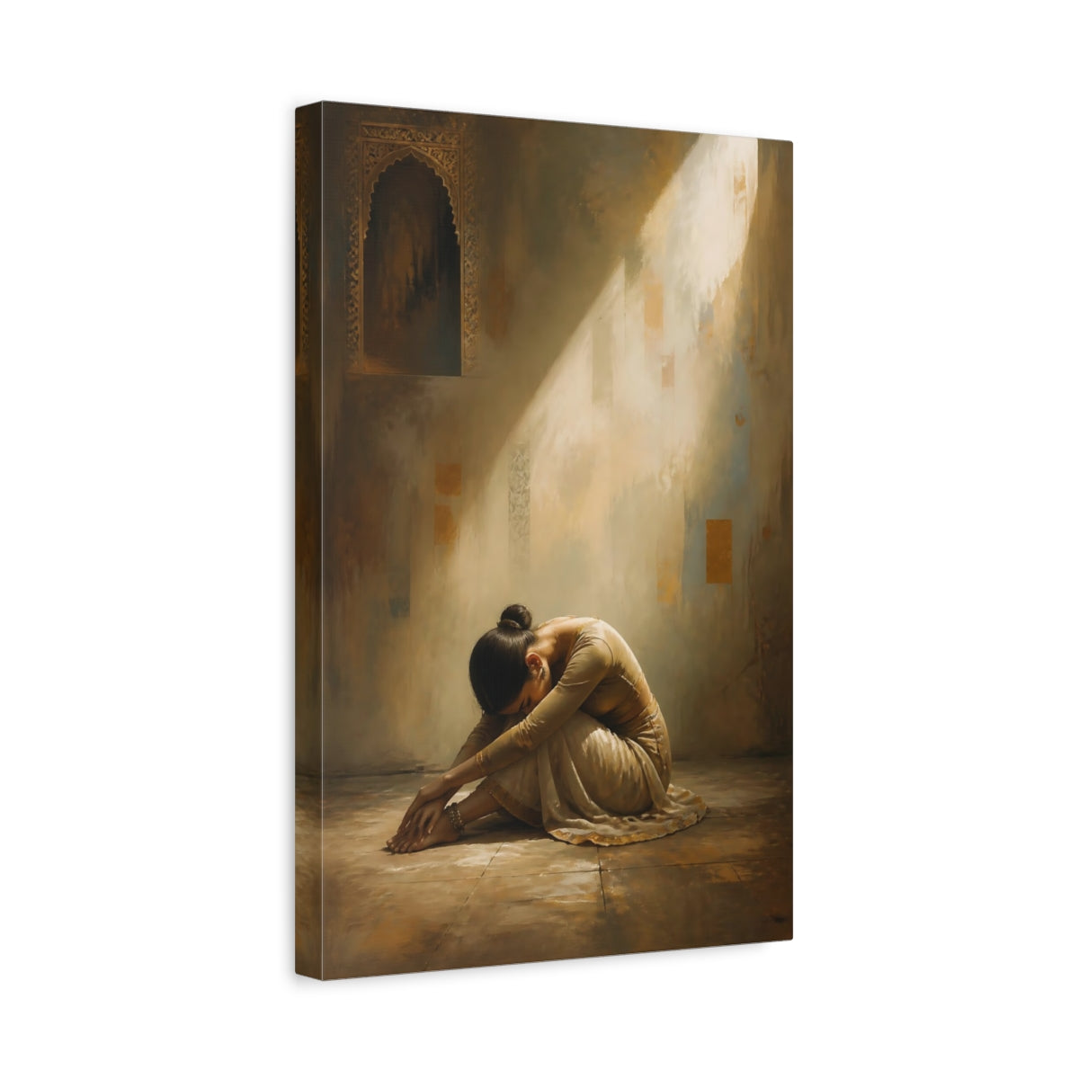 Side Mockup 4. Vintage Woman Sitting Brown And Gold shown as canvas print