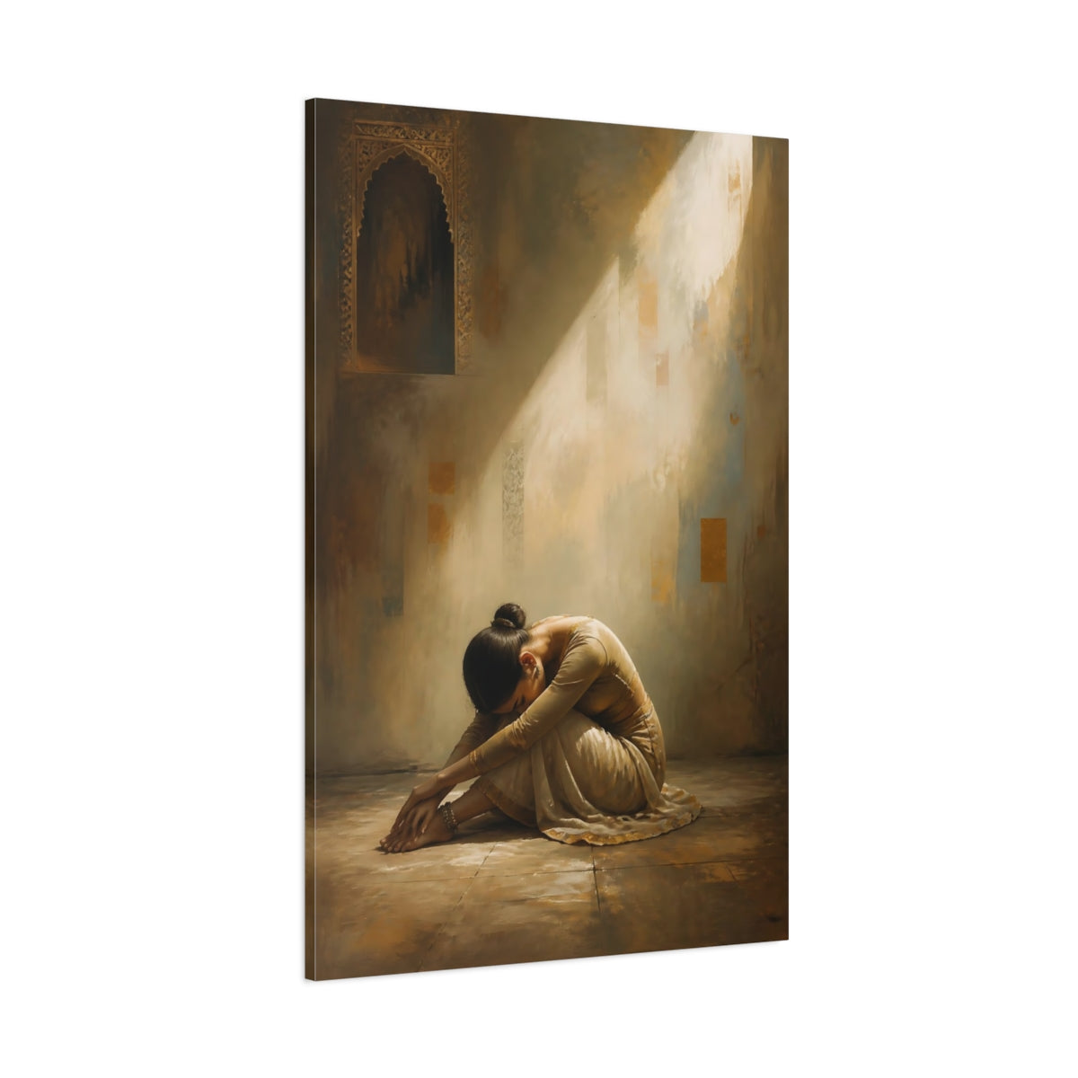 Side Mockup 1. Vintage Woman Sitting Brown And Gold shown as canvas print