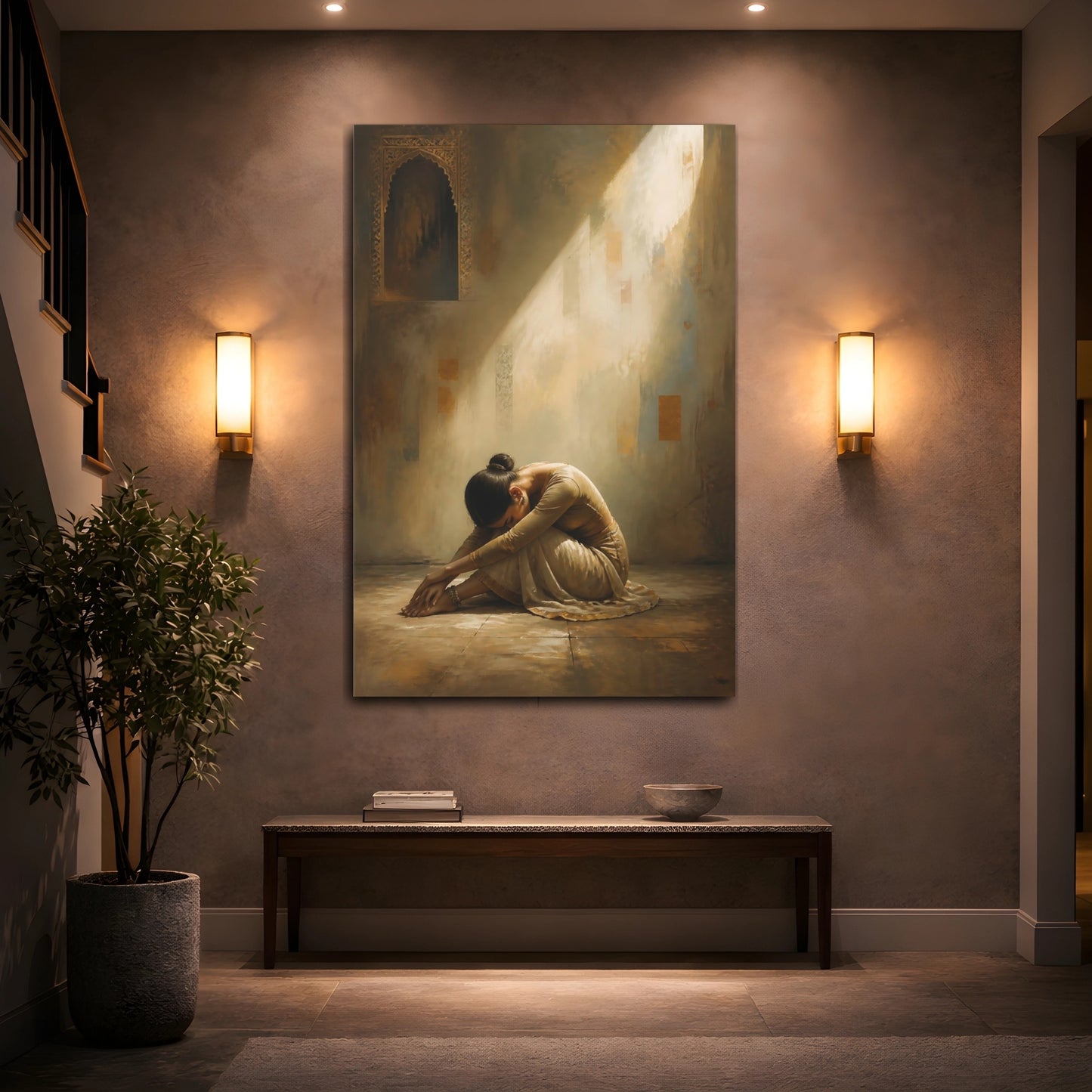 Mockup 2. Vintage Woman Sitting Brown And Gold shown as canvas print