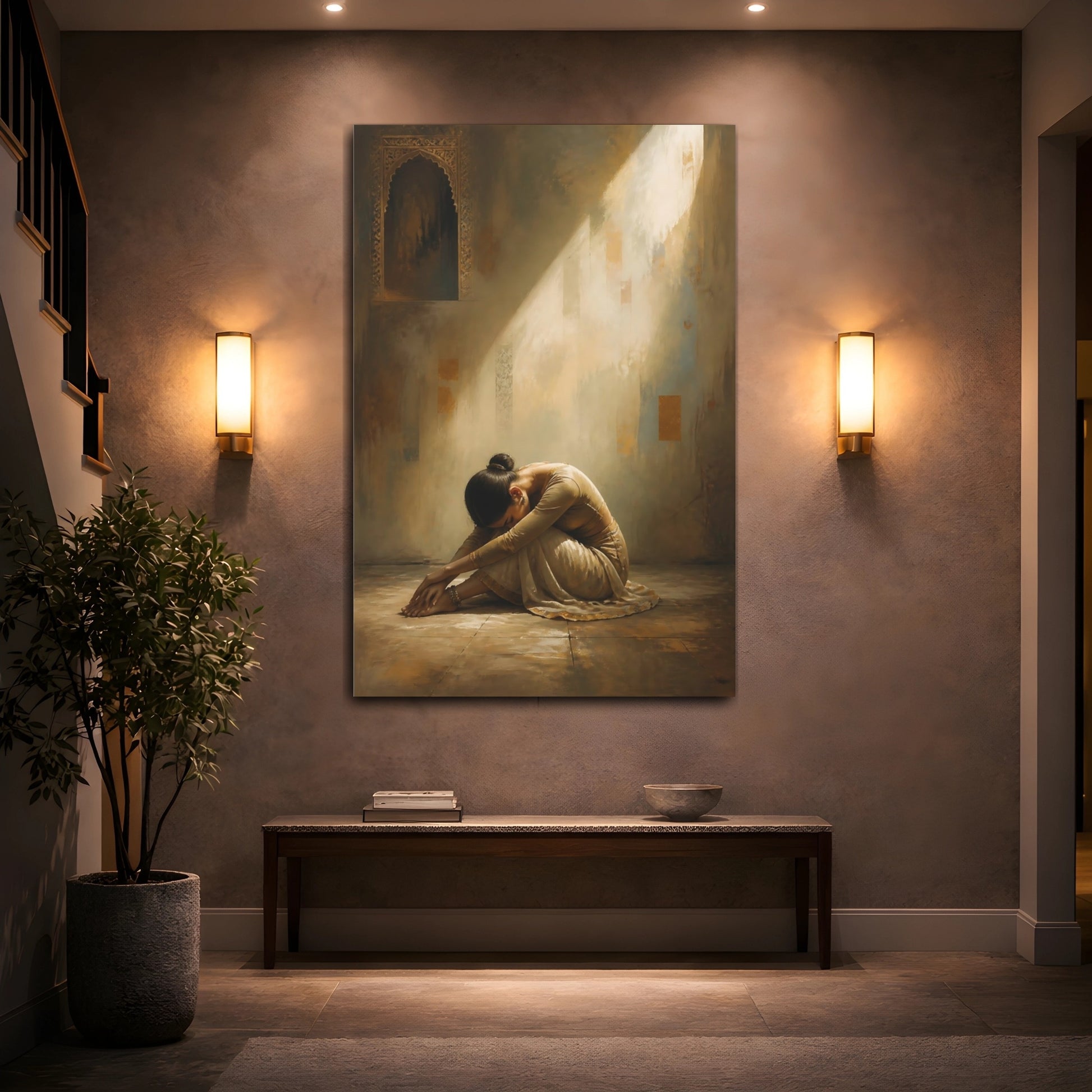 Mockup 2. Vintage Woman Sitting Brown And Gold shown as canvas print