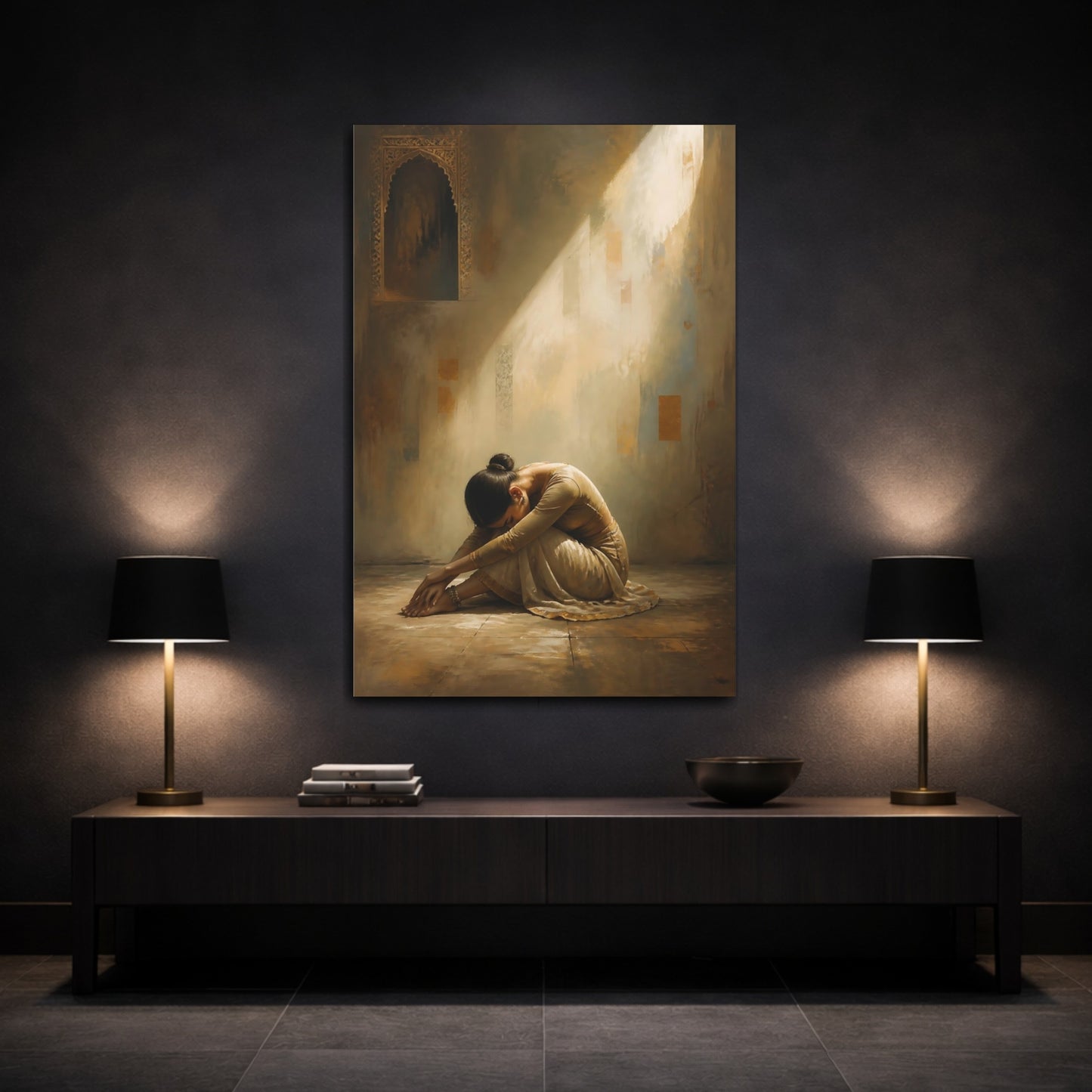 Mockup 3. Vintage Woman Sitting Brown And Gold shown as canvas print