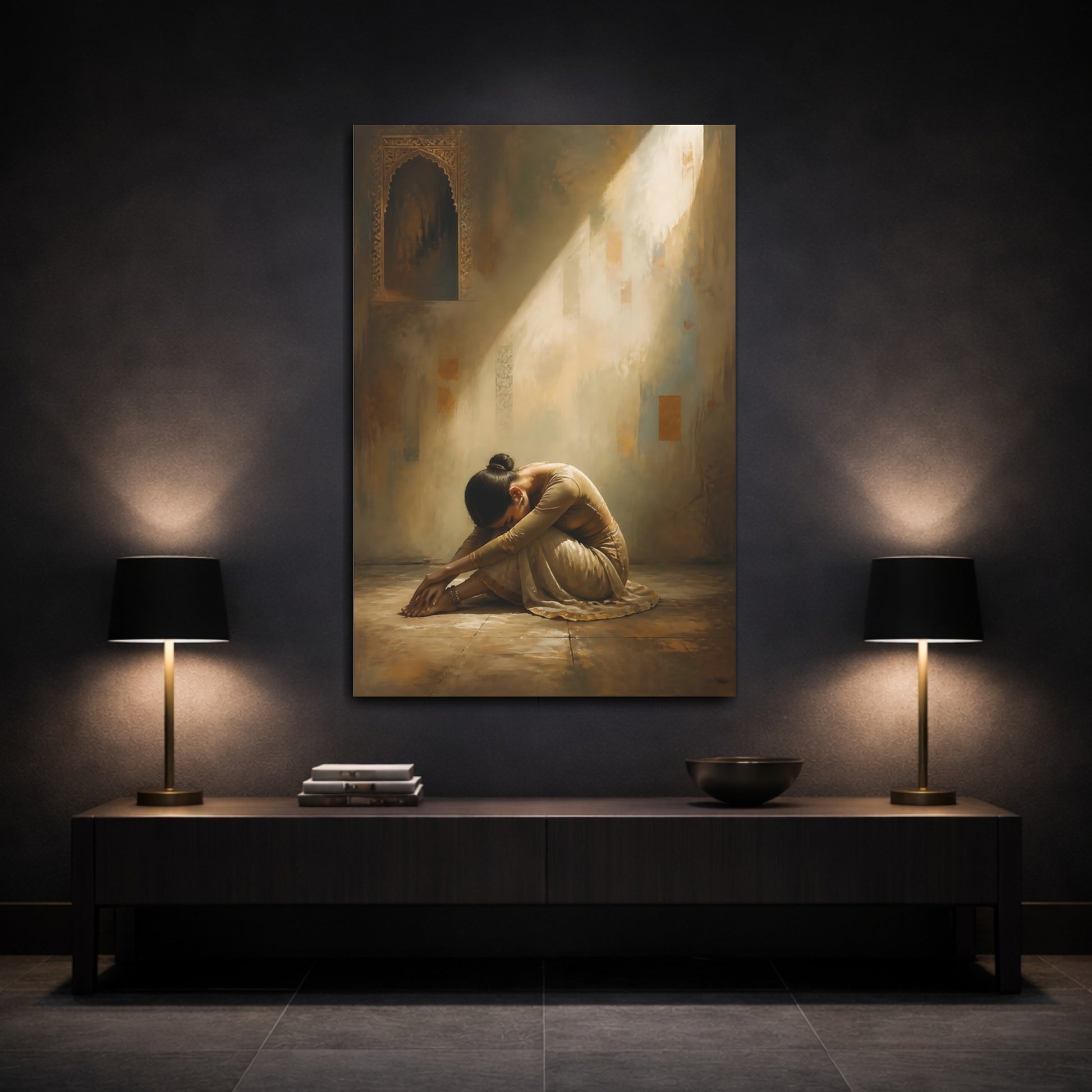 Mockup 3. Vintage Woman Sitting Brown And Gold shown as canvas print