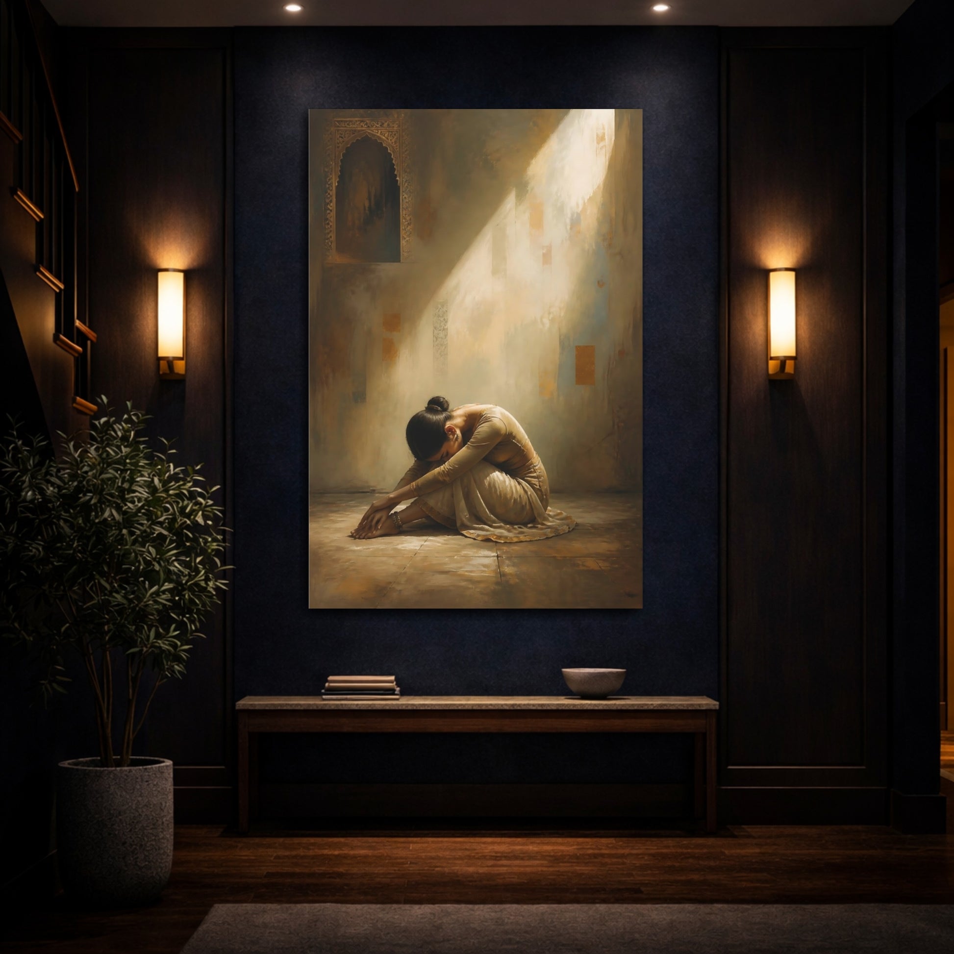 Mockup 4. Vintage Woman Sitting Brown And Gold shown as canvas print