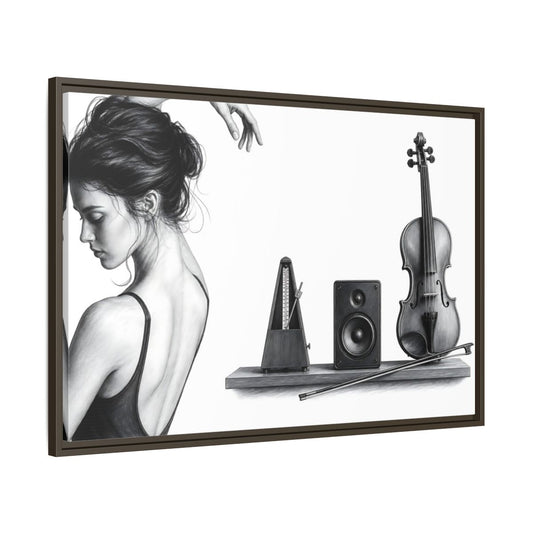 Main Mockup. Vintage Woman Violin Black And White Music shown as framed canvas print