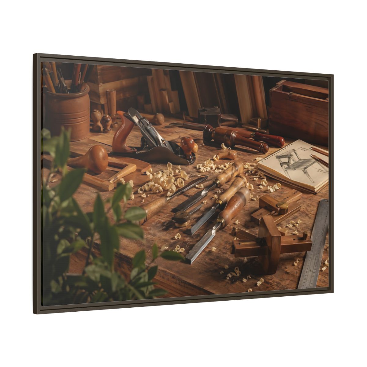 Side Mockup 8. Vintage Woodworking Tools Brown And Wood shown as stretched canvas wall art