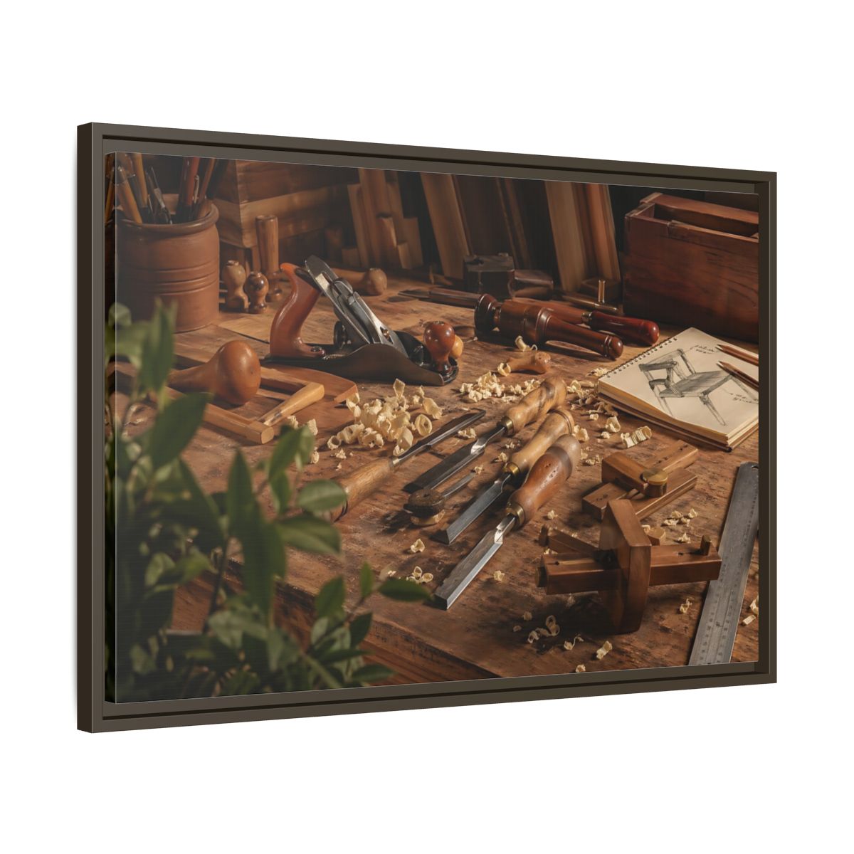 Side Mockup 11. Vintage Woodworking Tools Brown And Wood shown as stretched canvas wall art