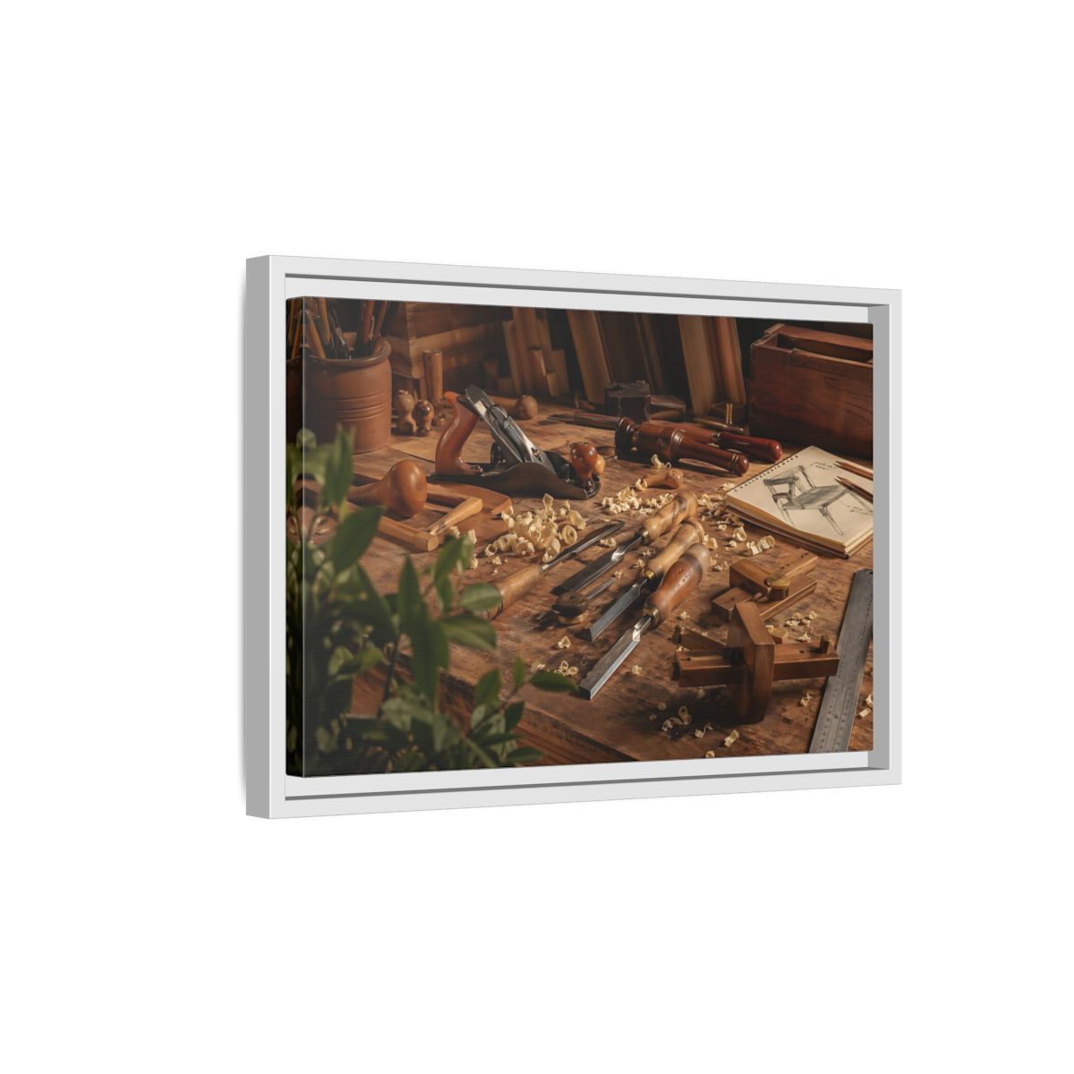 Side Mockup 4. Vintage Woodworking Tools Brown And Wood shown as stretched canvas wall art