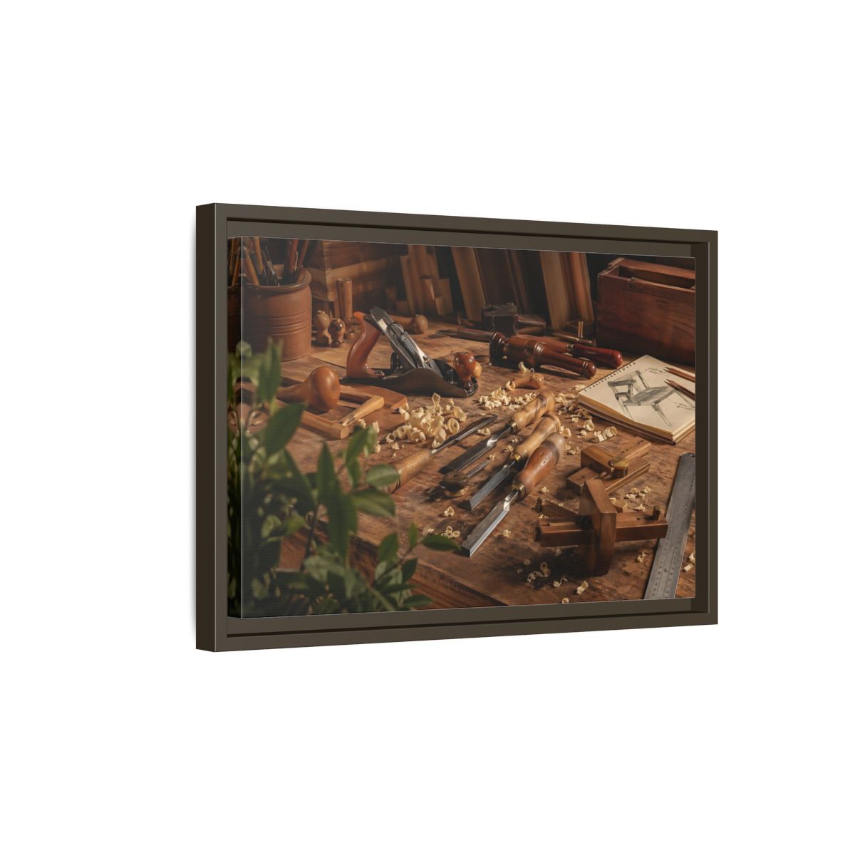 Side Mockup 5. Vintage Woodworking Tools Brown And Wood shown as stretched canvas wall art