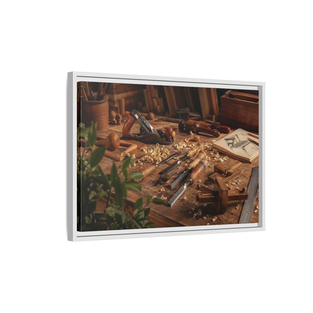 Side Mockup 1. Vintage Woodworking Tools Brown And Wood shown as stretched canvas wall art