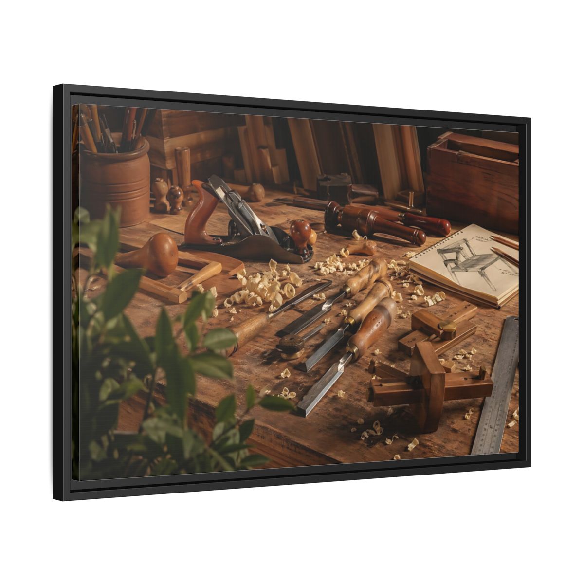 Side Mockup 14. Vintage Woodworking Tools Brown And Wood shown as stretched canvas wall art