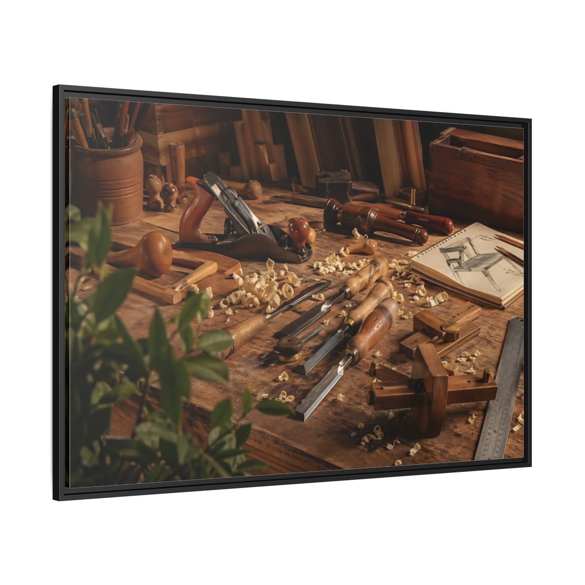 Side Mockup 12. Vintage Woodworking Tools Brown And Wood shown as stretched canvas wall art