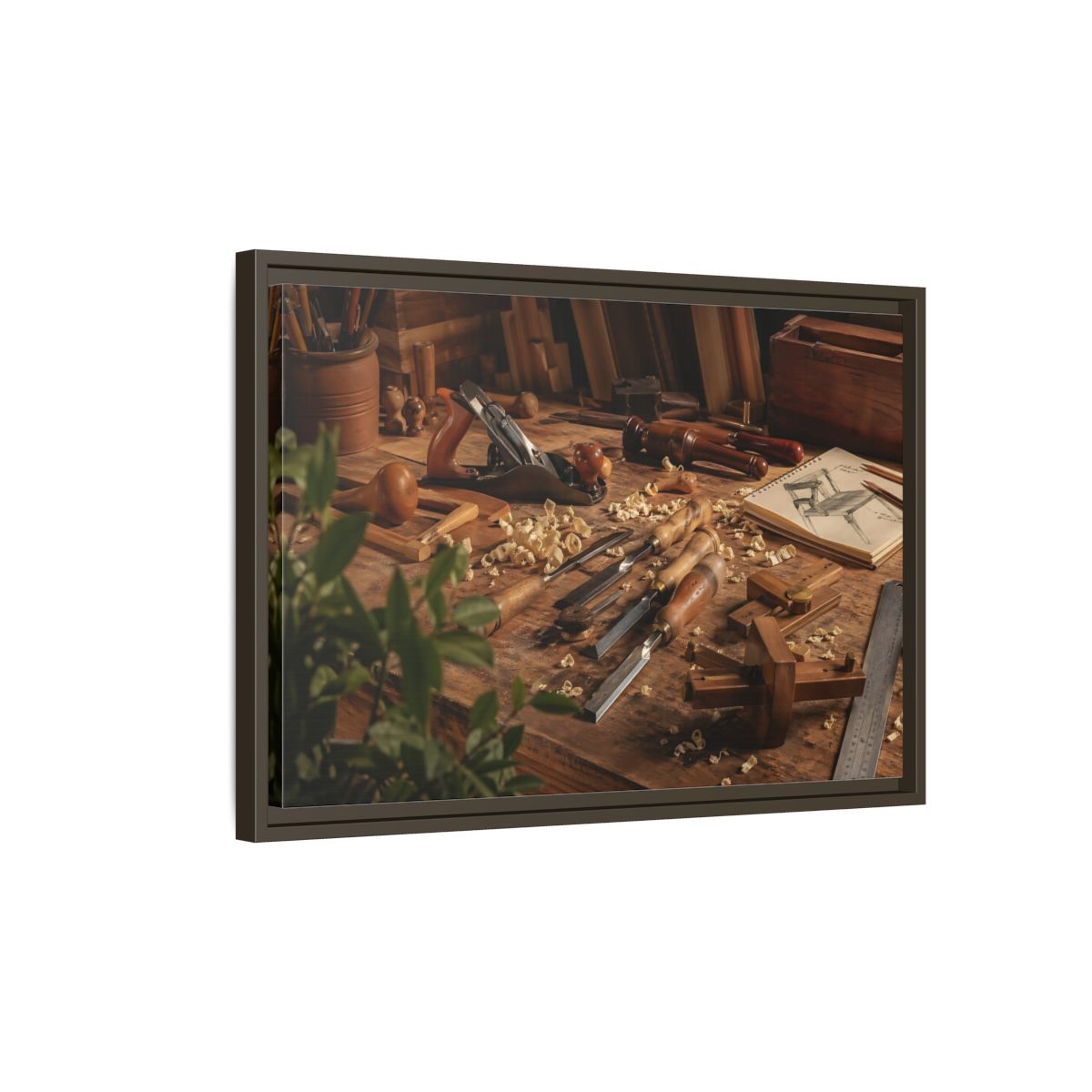 Side Mockup 2. Vintage Woodworking Tools Brown And Wood shown as stretched canvas wall art