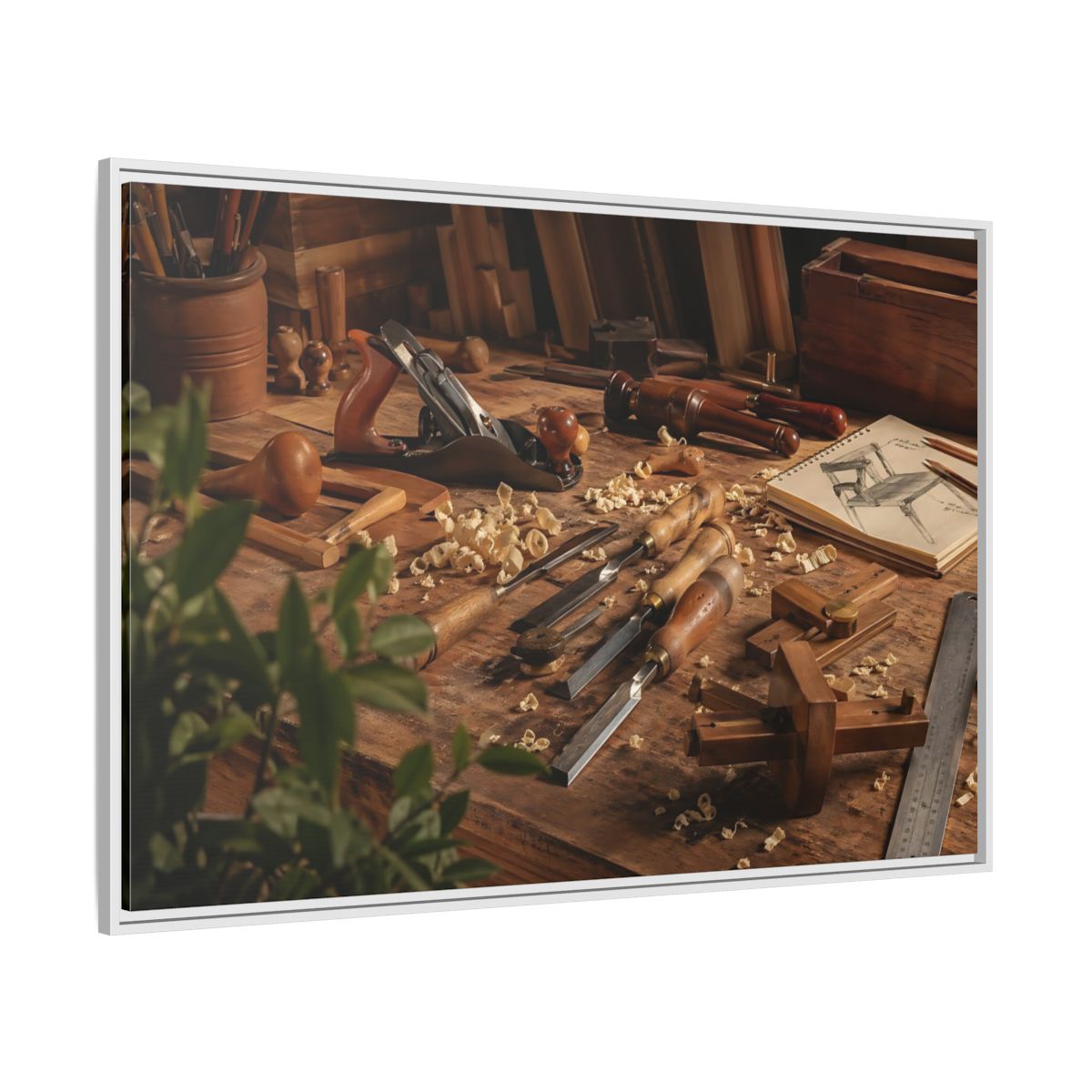 Side Mockup 7. Vintage Woodworking Tools Brown And Wood shown as stretched canvas wall art
