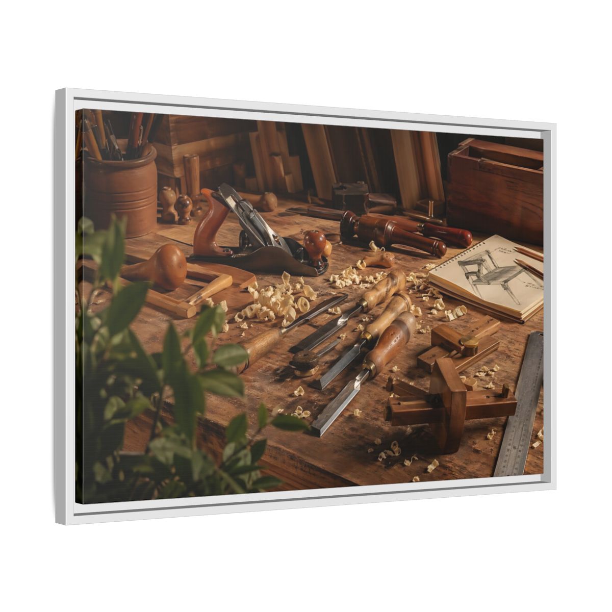 Side Mockup 10. Vintage Woodworking Tools Brown And Wood shown as stretched canvas wall art