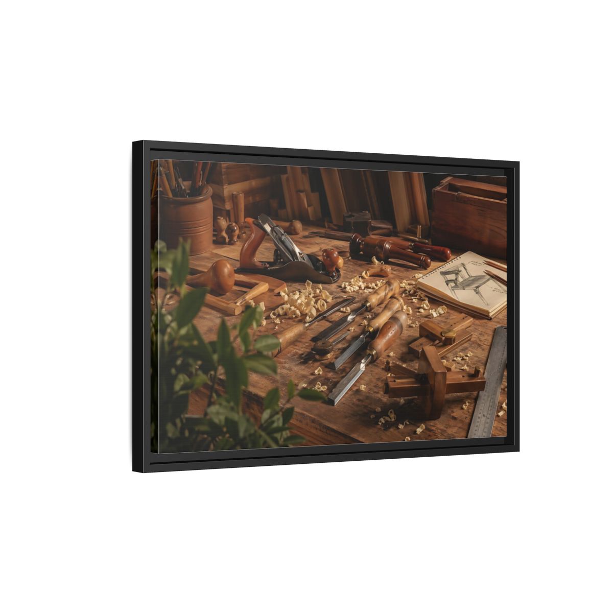 Side Mockup 3. Vintage Woodworking Tools Brown And Wood shown as stretched canvas wall art