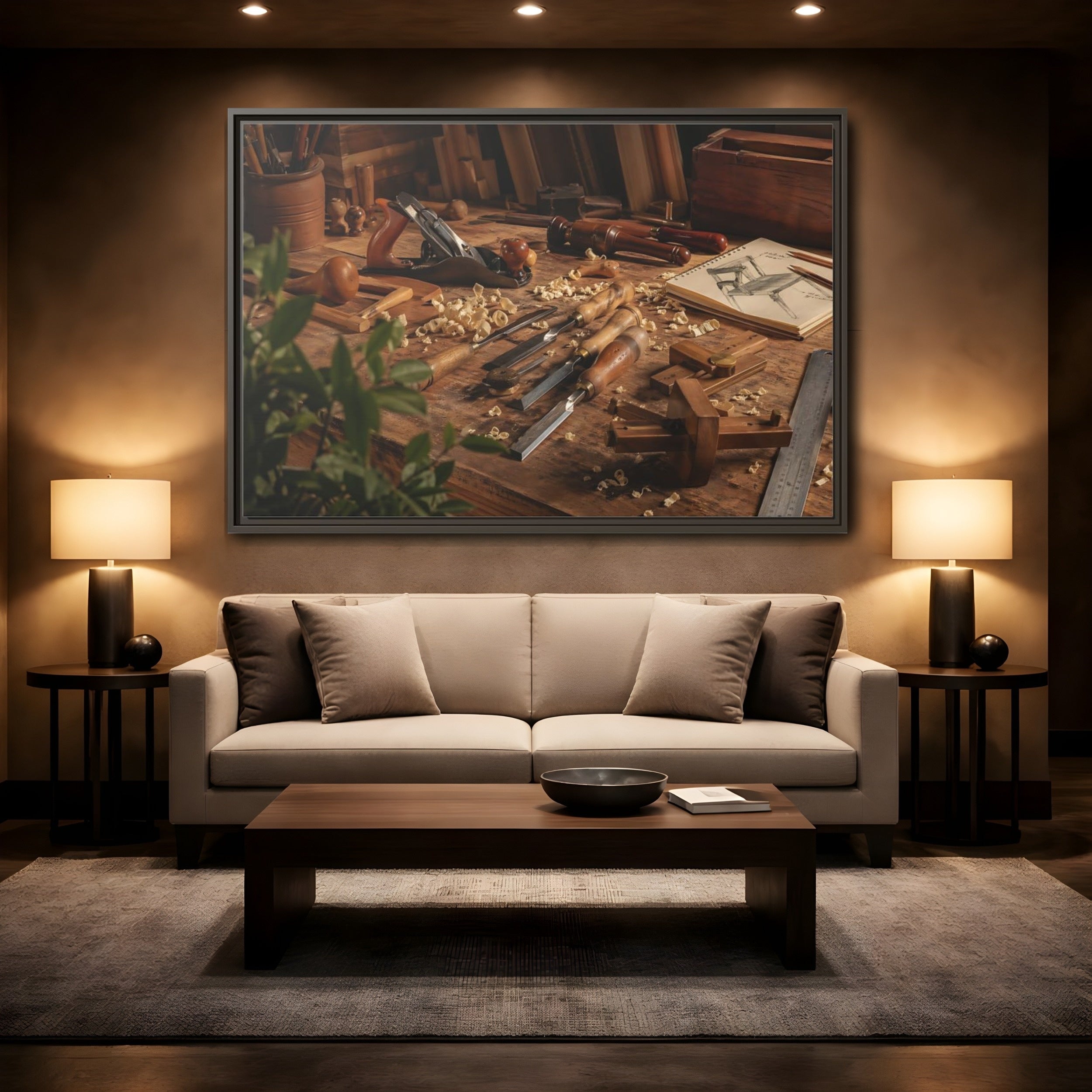 Mockup 2. Vintage Woodworking Tools Brown And Wood shown as stretched canvas wall art