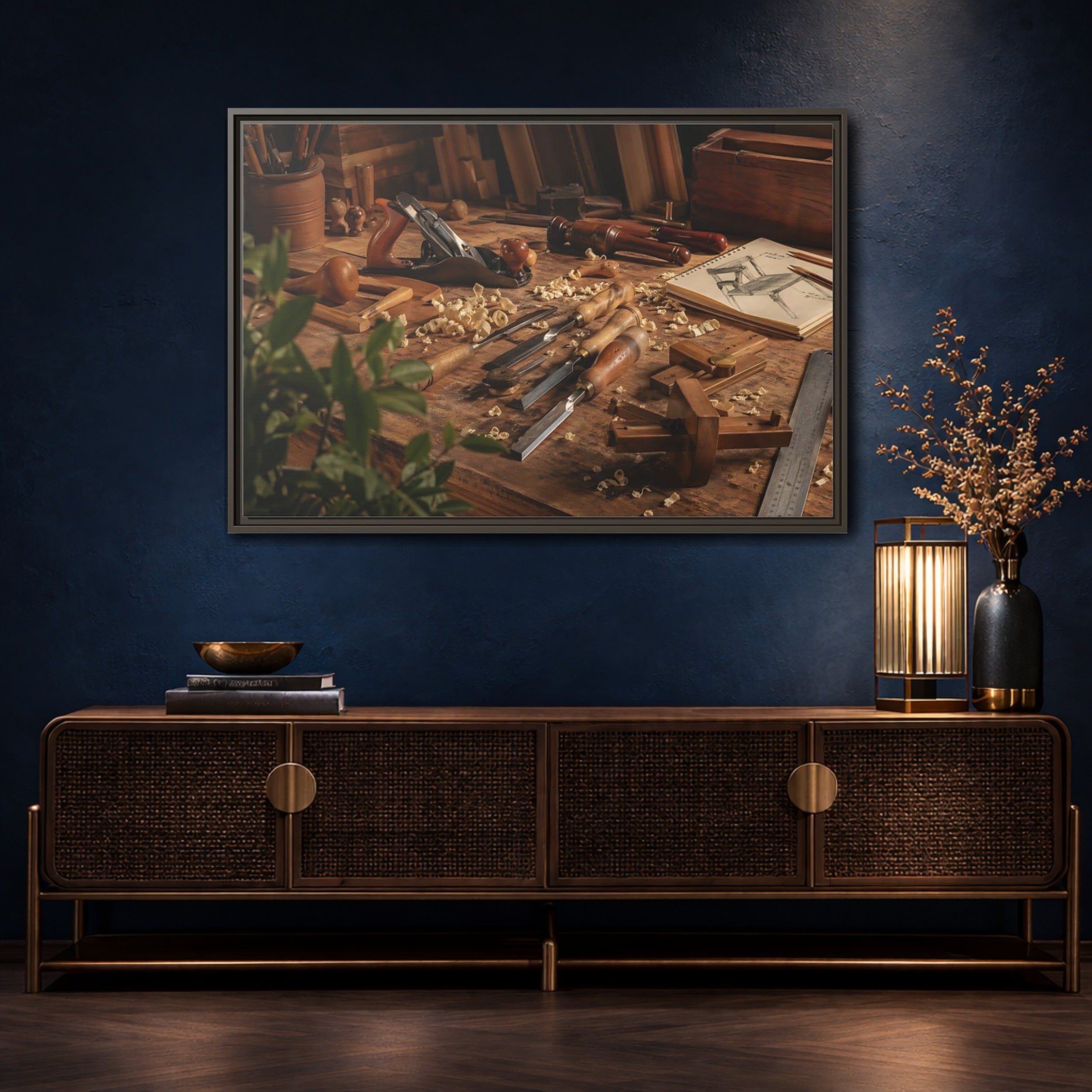 Mockup 4. Vintage Woodworking Tools Brown And Wood shown as stretched canvas wall art