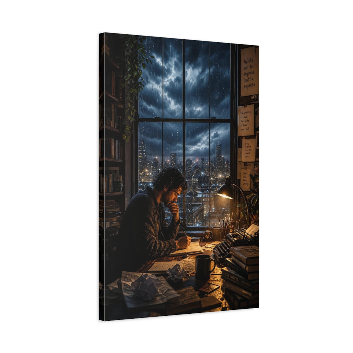 Side Mockup 2. Vintage Writer Rainy Night Study shown as stretched canvas wall art