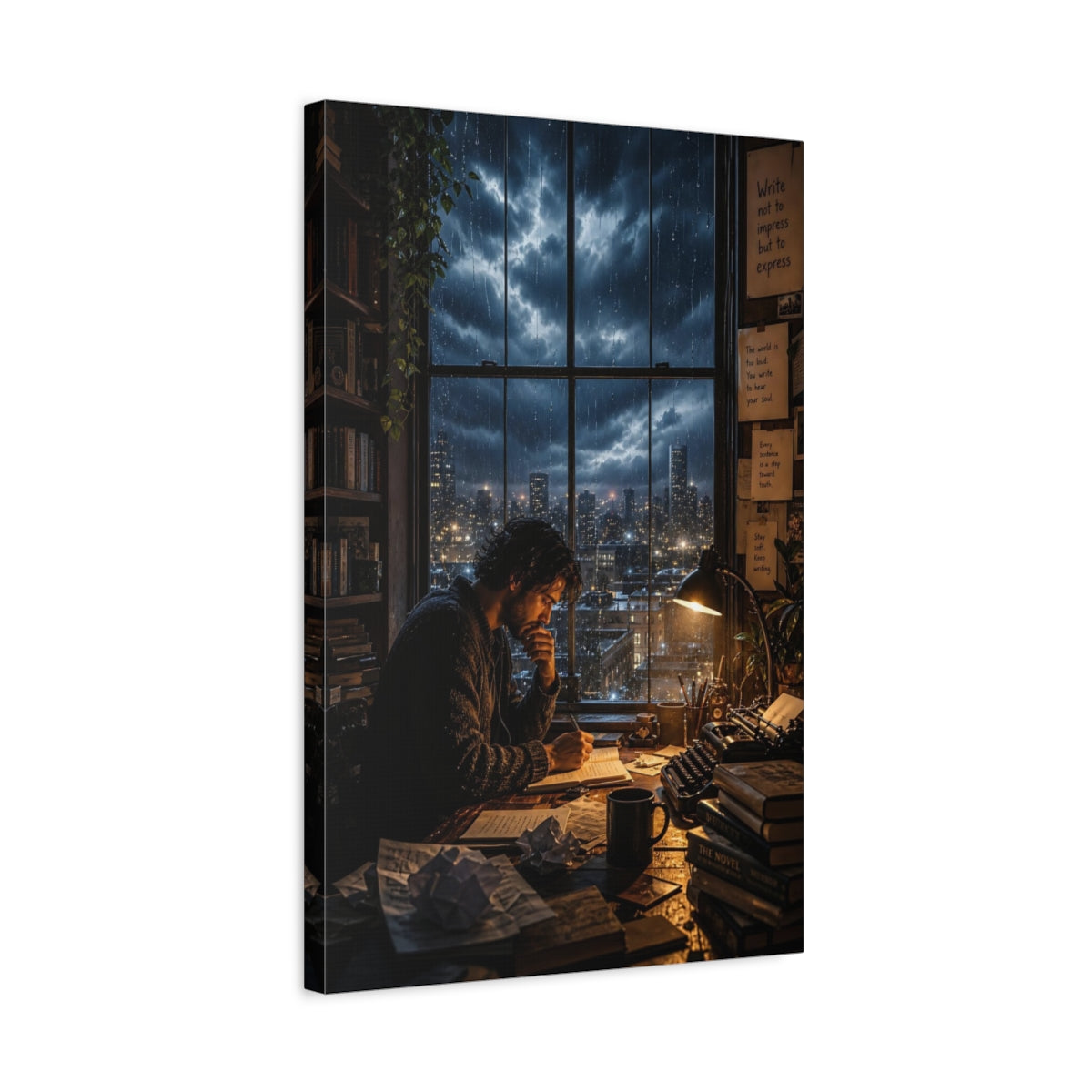 Side Mockup 3. Vintage Writer Rainy Night Study shown as stretched canvas wall art