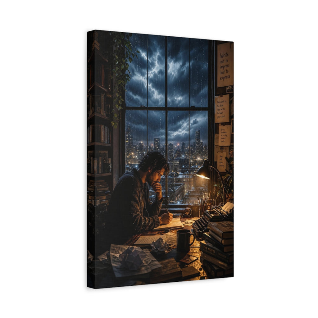 Side Mockup 4. Vintage Writer Rainy Night Study shown as stretched canvas wall art