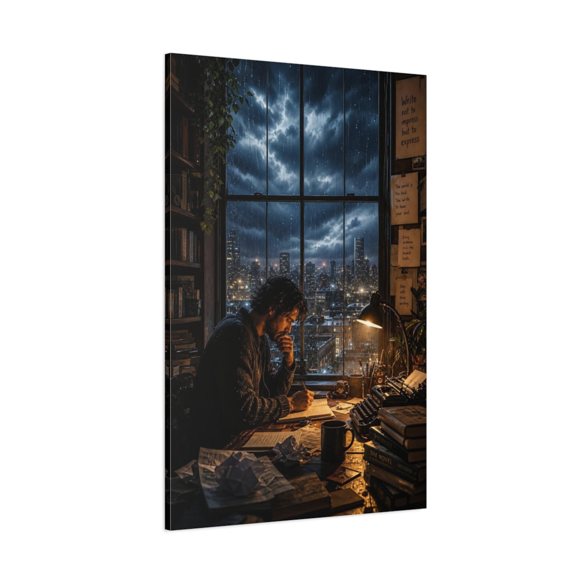 Side Mockup 1. Vintage Writer Rainy Night Study shown as stretched canvas wall art