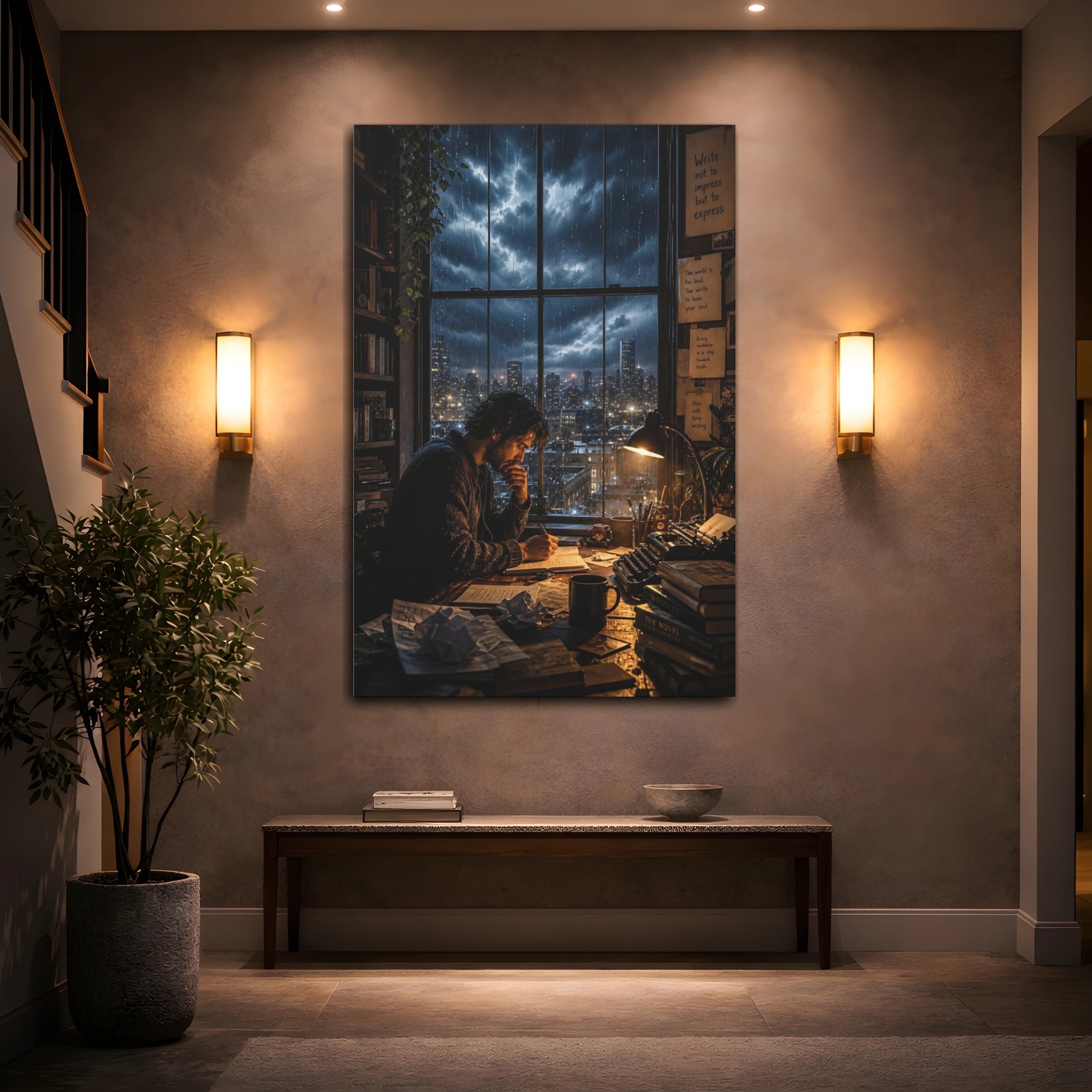 Mockup 2. Vintage Writer Rainy Night Study shown as stretched canvas wall art