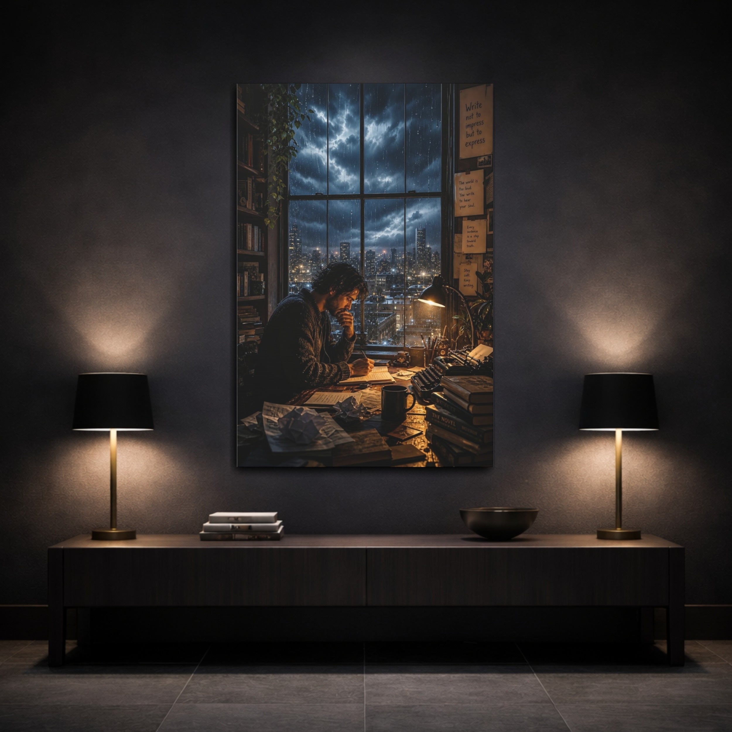 Mockup 3. Vintage Writer Rainy Night Study shown as stretched canvas wall art