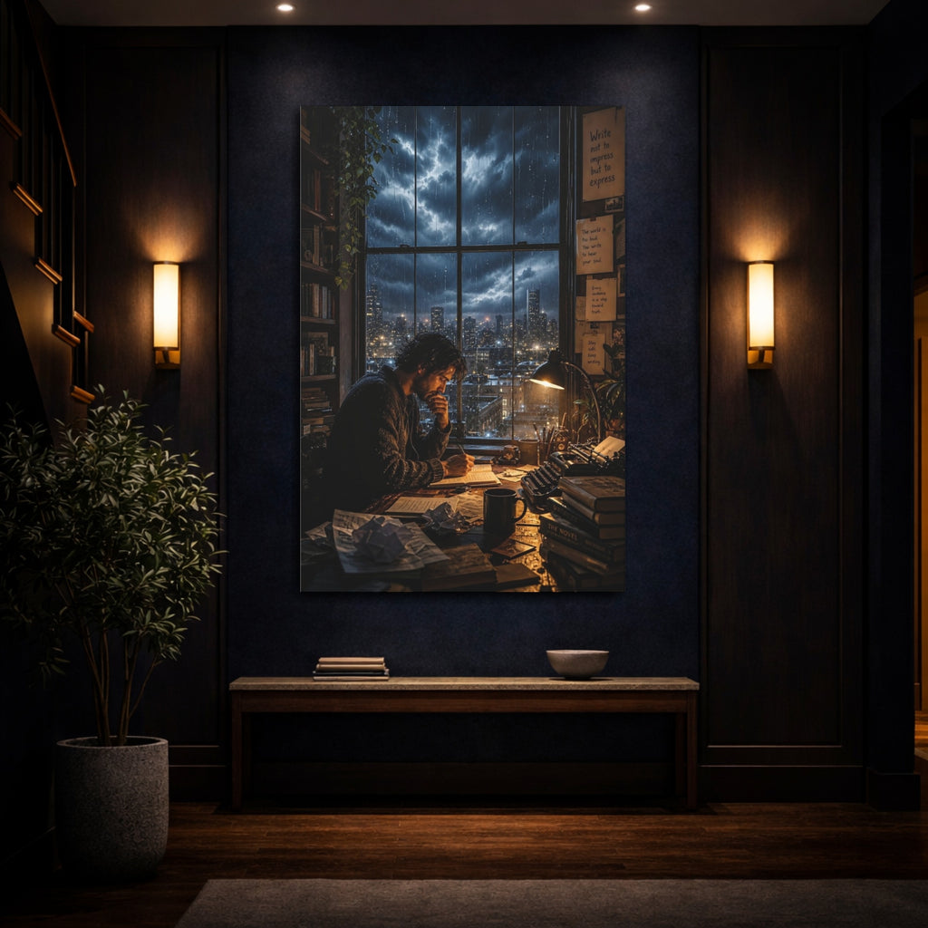 Mockup 4. Vintage Writer Rainy Night Study shown as stretched canvas wall art