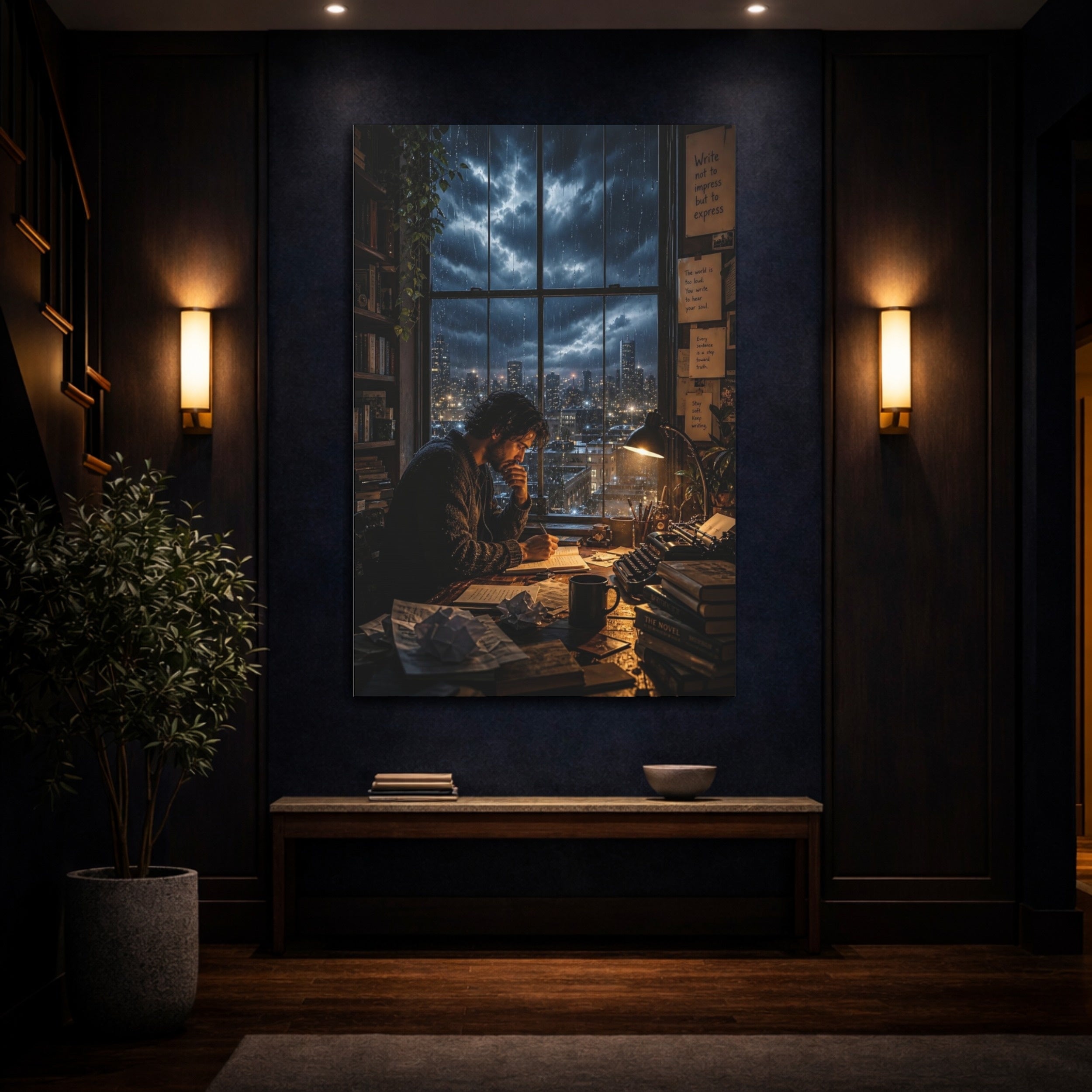 Mockup 4. Vintage Writer Rainy Night Study shown as stretched canvas wall art