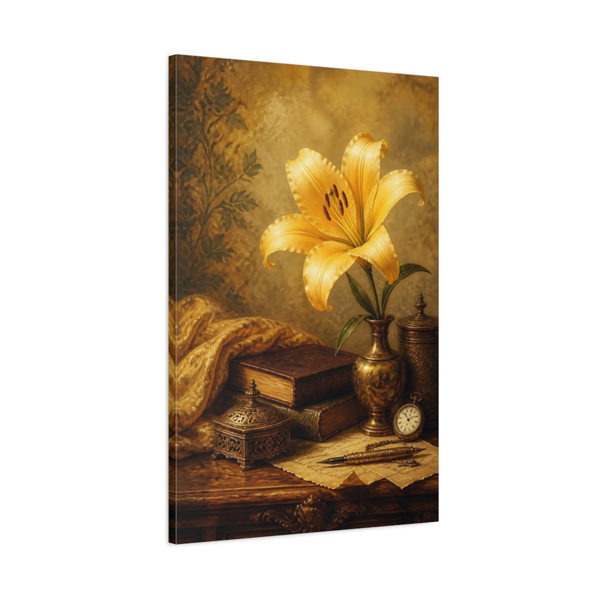 Main Mockup. Vintage Yellow Lily Gold And Brown shown as stretched canvas wall art