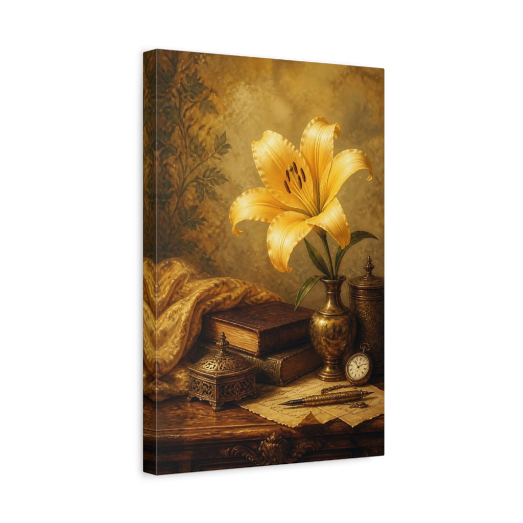 Side Mockup 4. Vintage Yellow Lily Gold And Brown shown as stretched canvas wall art