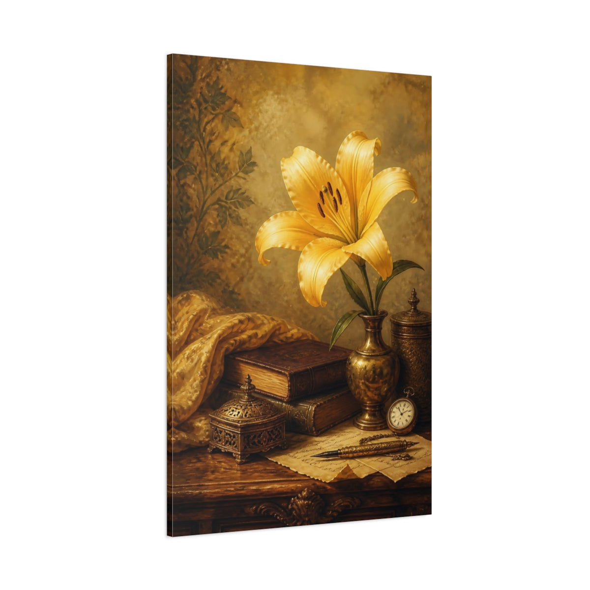 Side Mockup 1. Vintage Yellow Lily Gold And Brown shown as stretched canvas wall art