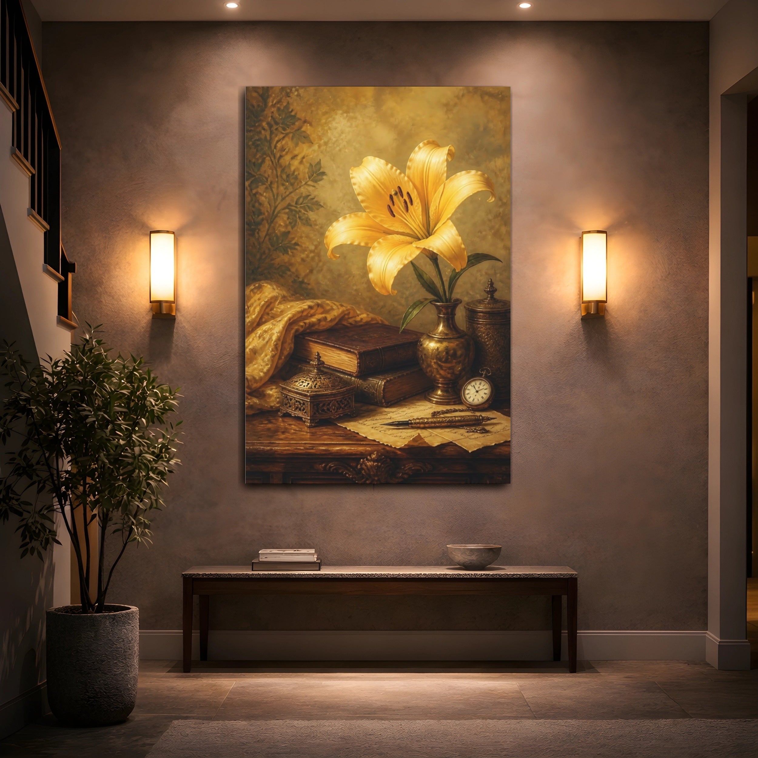 Mockup 2. Vintage Yellow Lily Gold And Brown shown as stretched canvas wall art