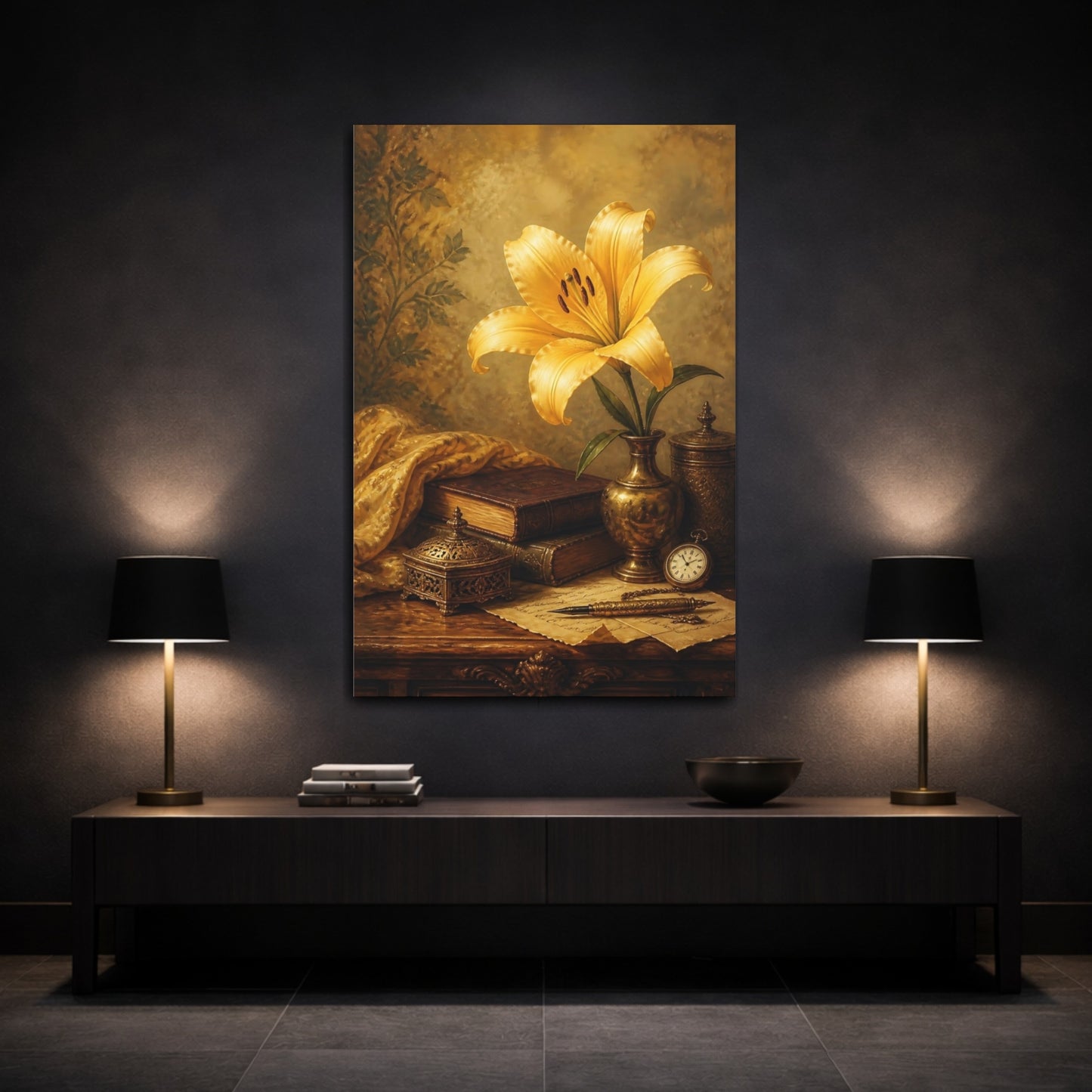 Mockup 3. Vintage Yellow Lily Gold And Brown shown as stretched canvas wall art