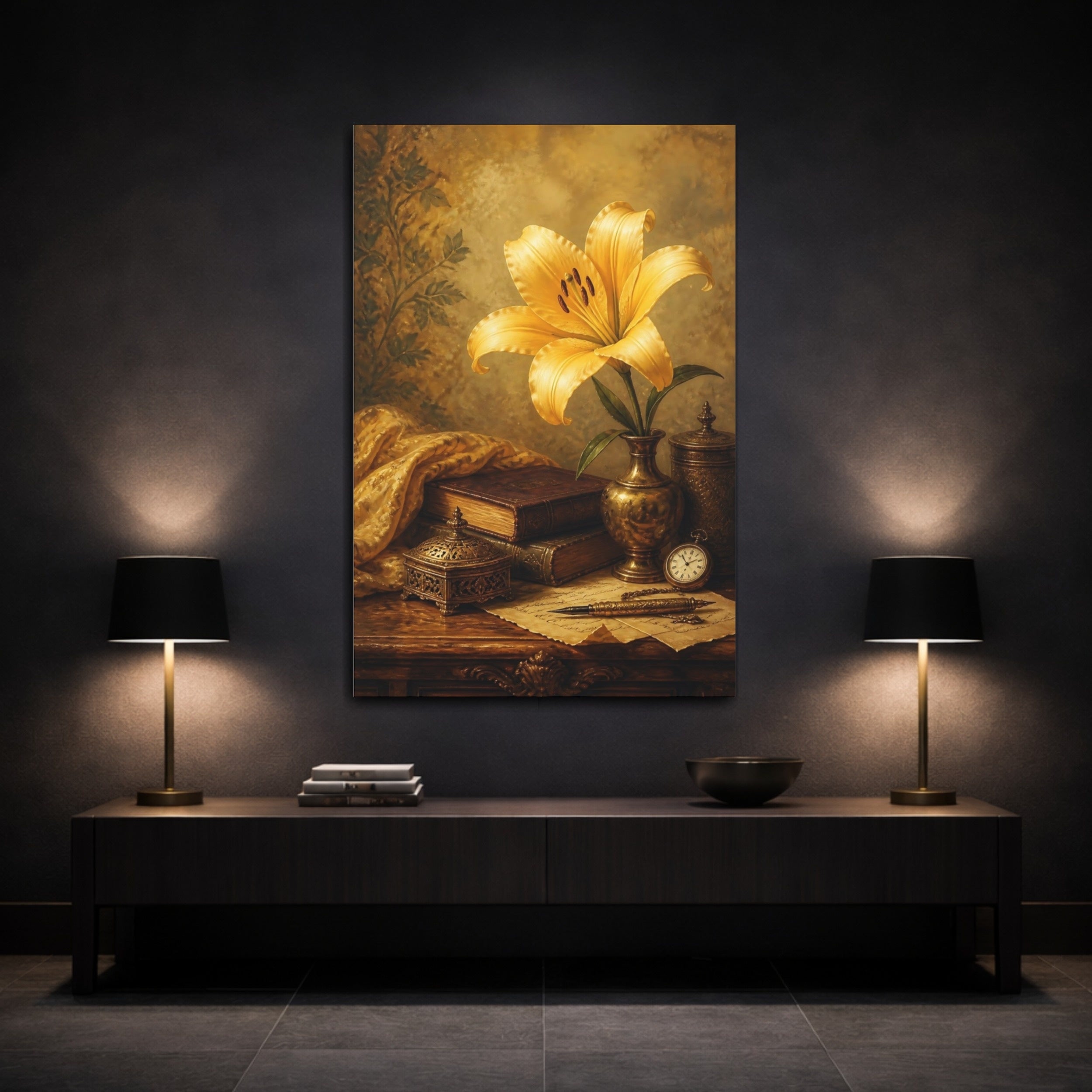 Mockup 3. Vintage Yellow Lily Gold And Brown shown as stretched canvas wall art