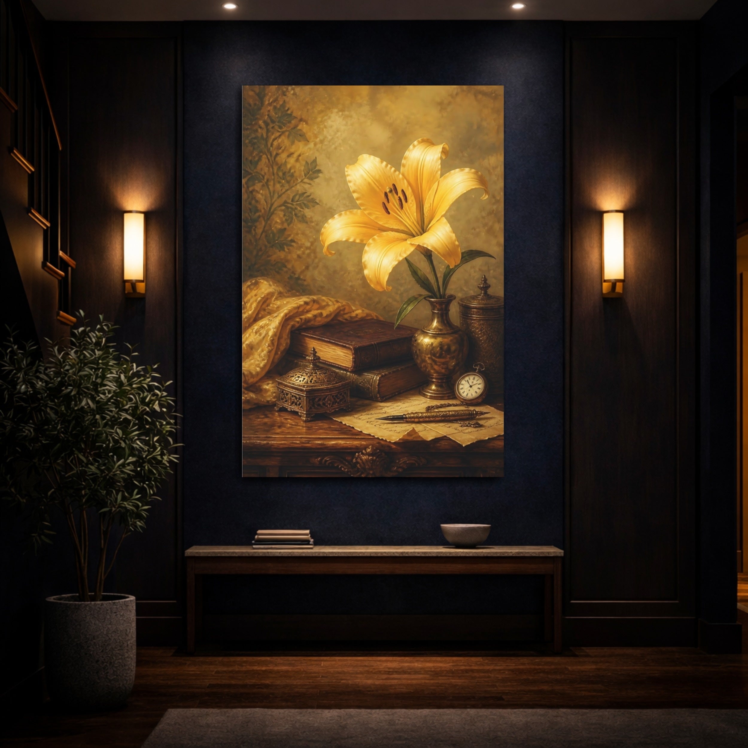 Mockup 4. Vintage Yellow Lily Gold And Brown shown as stretched canvas wall art