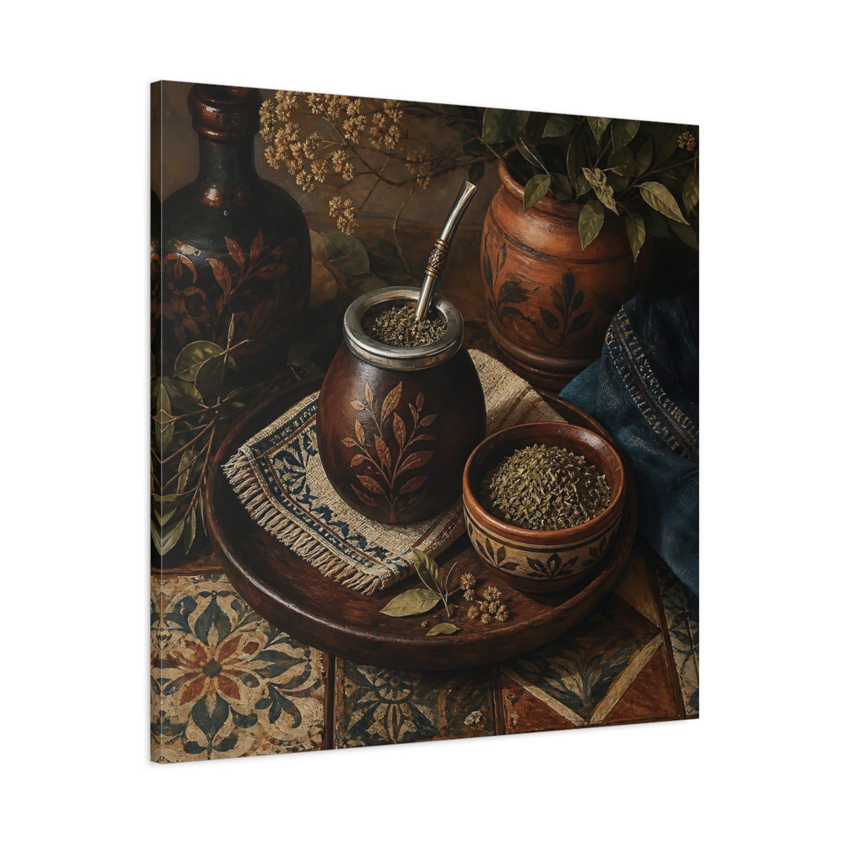 Main Mockup. Vintage Yerba Mate Rustic Still Life shown as stretched canvas wall art