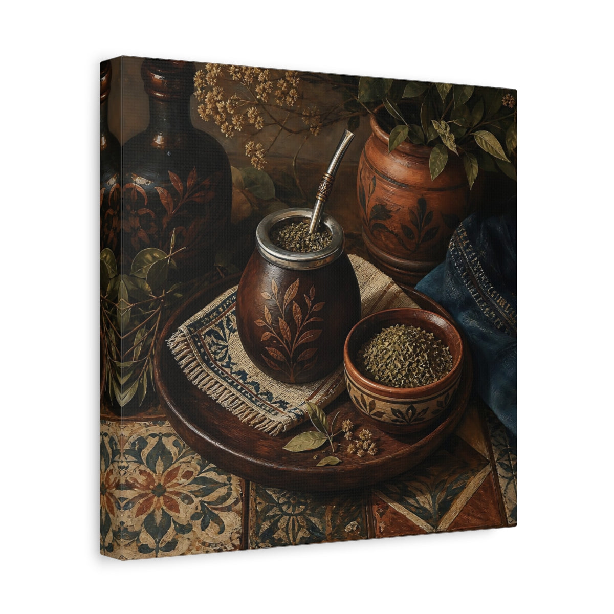 Side Mockup 8. Vintage Yerba Mate Rustic Still Life shown as stretched canvas wall art